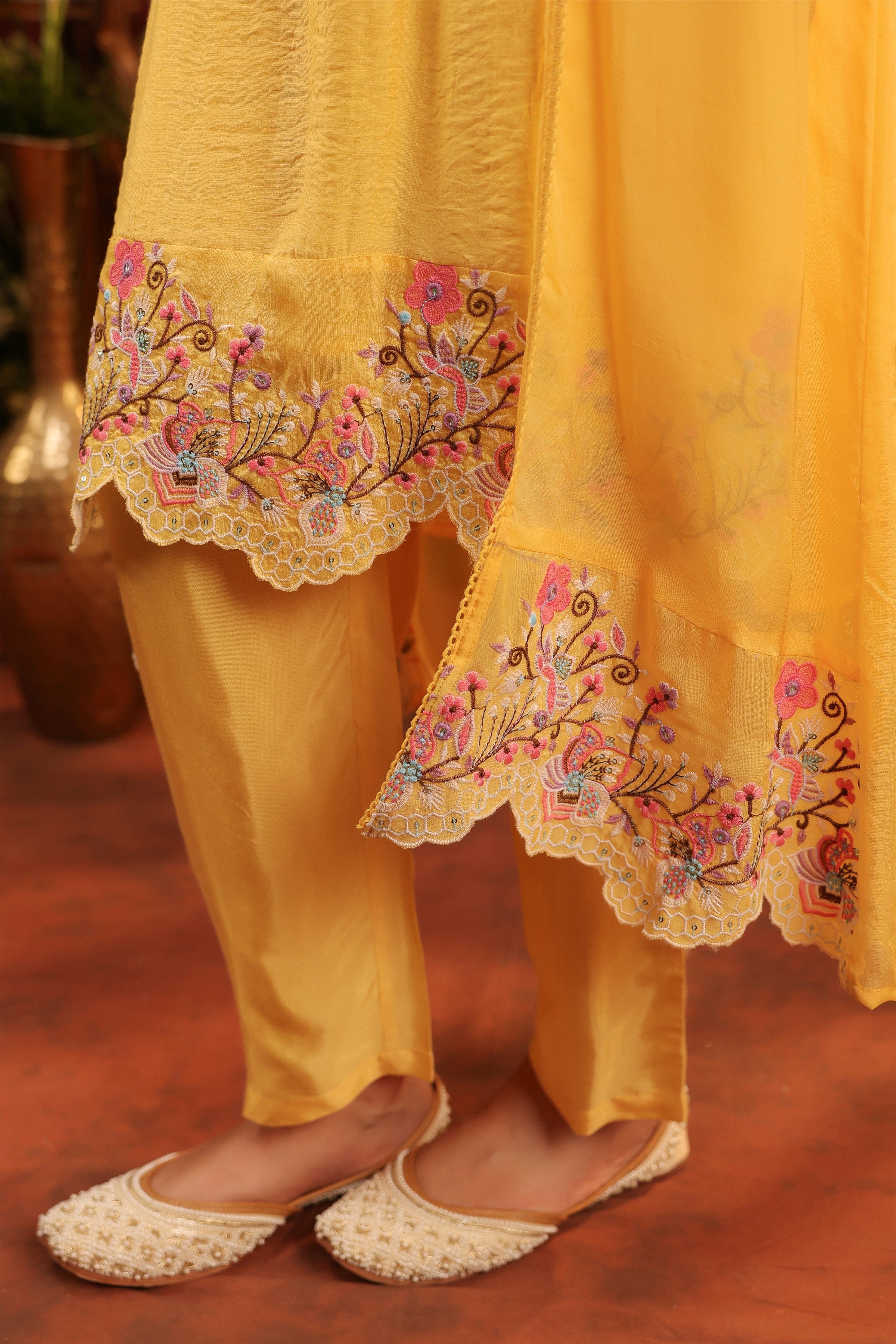 Yellow Organza Silk Embroidered Shrug Set