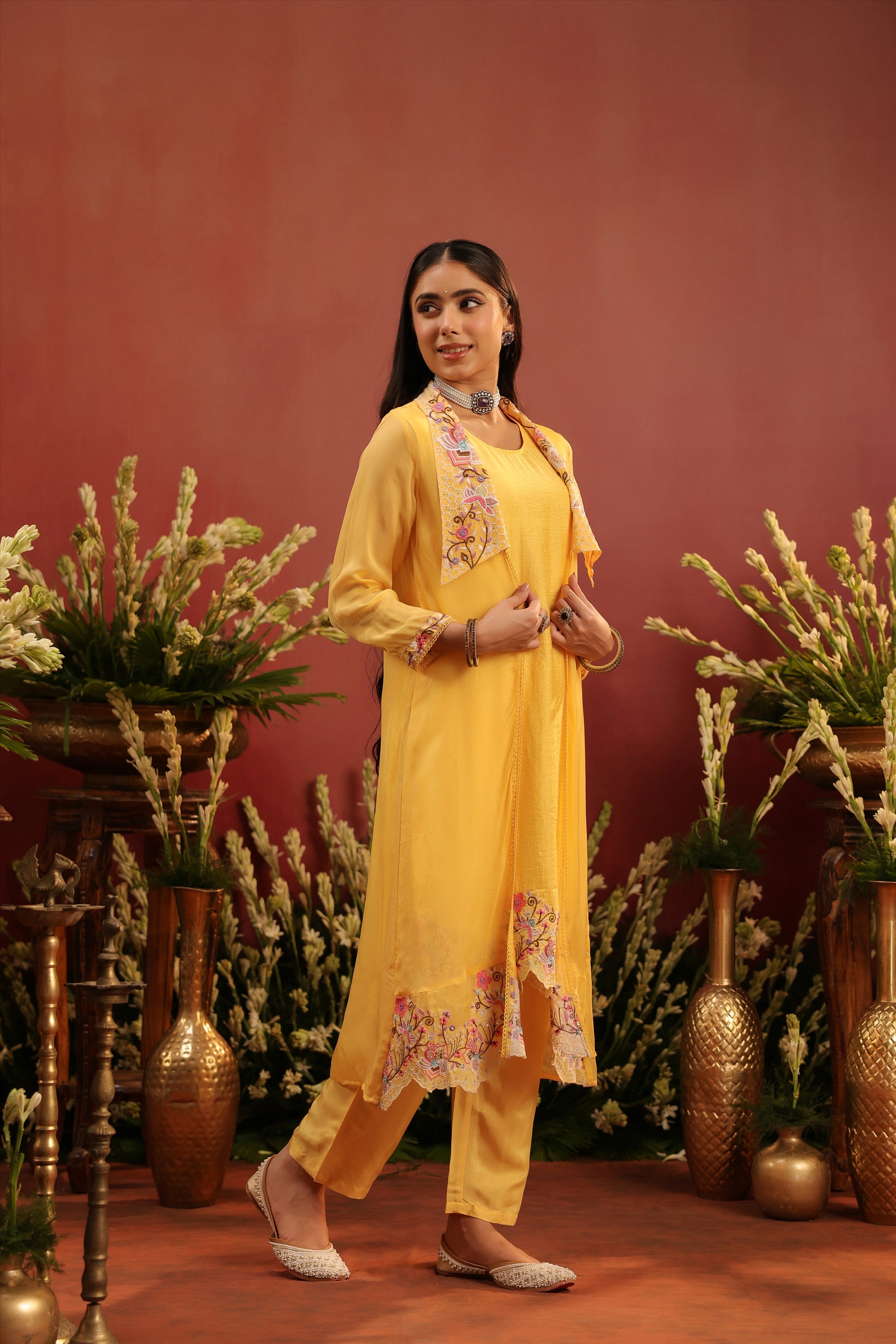 Yellow Organza Silk Embroidered Shrug Set