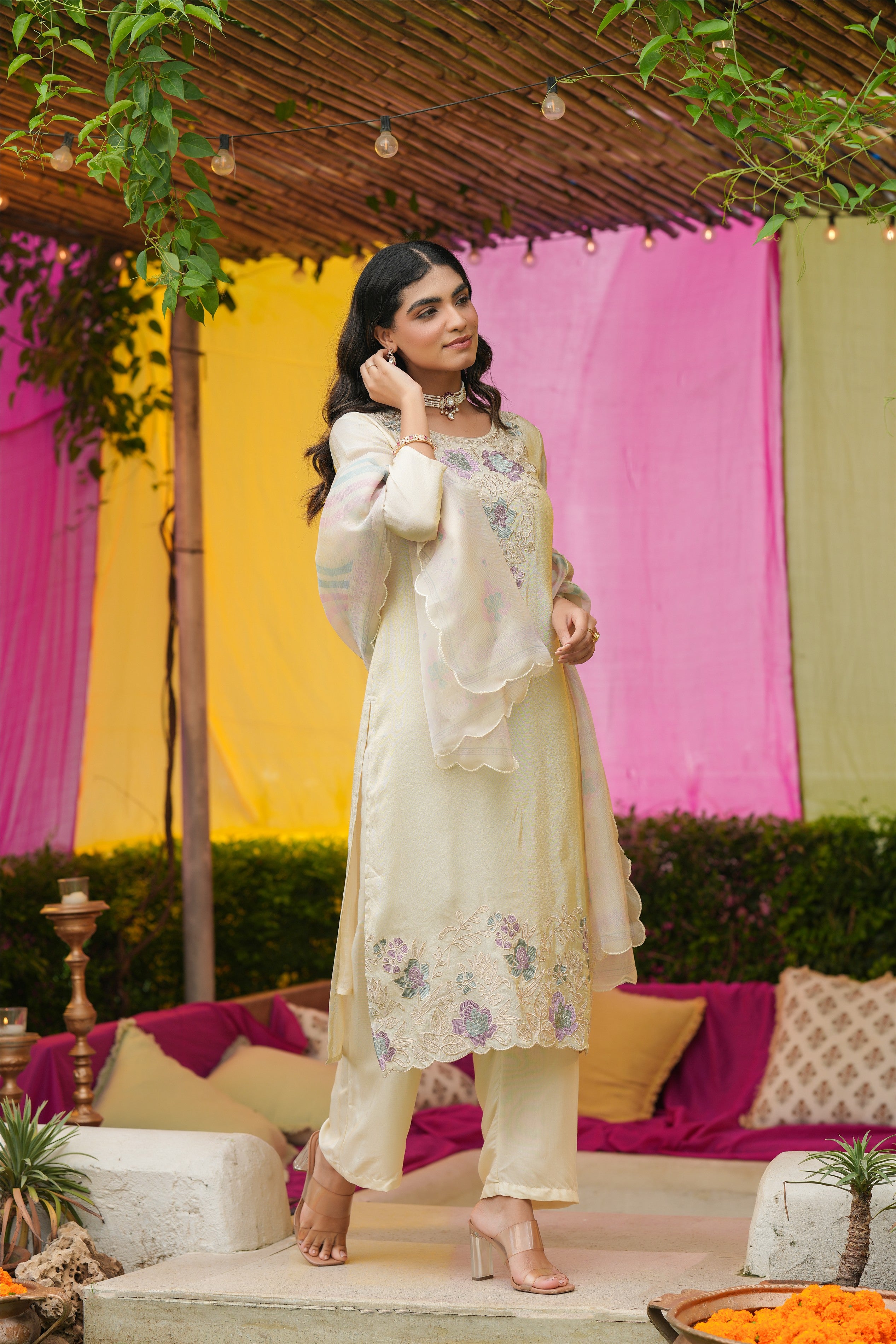 Ivory Shimmer Tissue Floral Embroidered Straight Suit Set