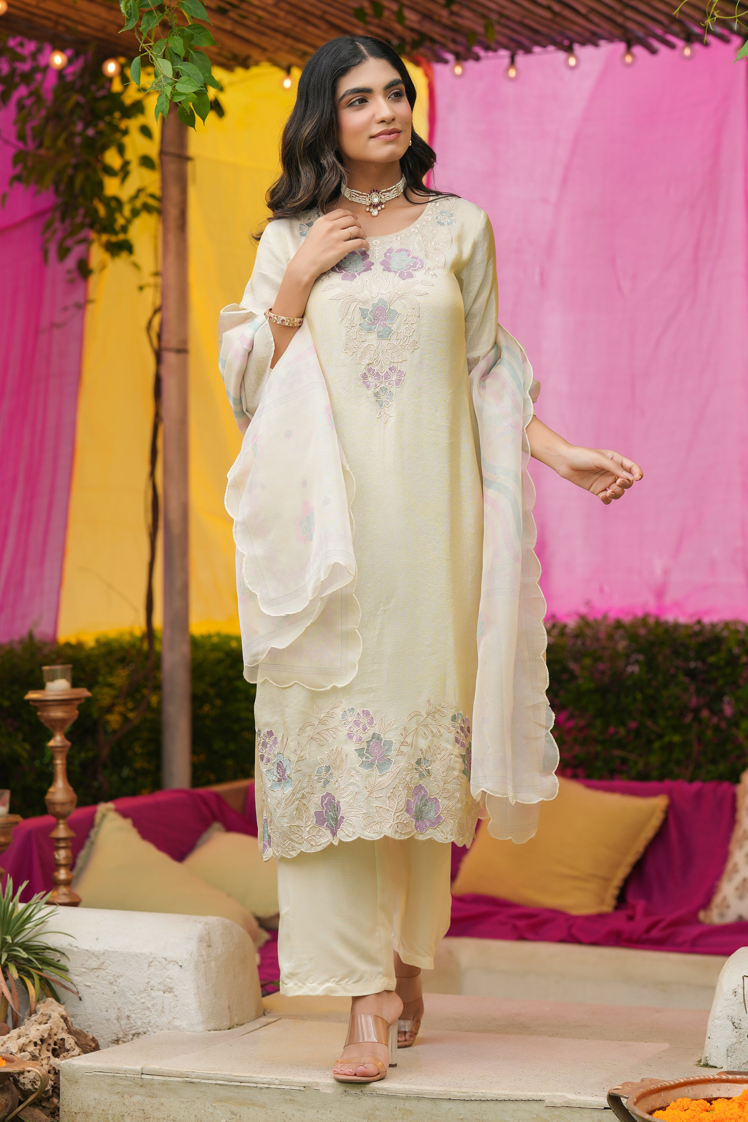 Ivory Shimmer Tissue Floral Embroidered Straight Suit Set