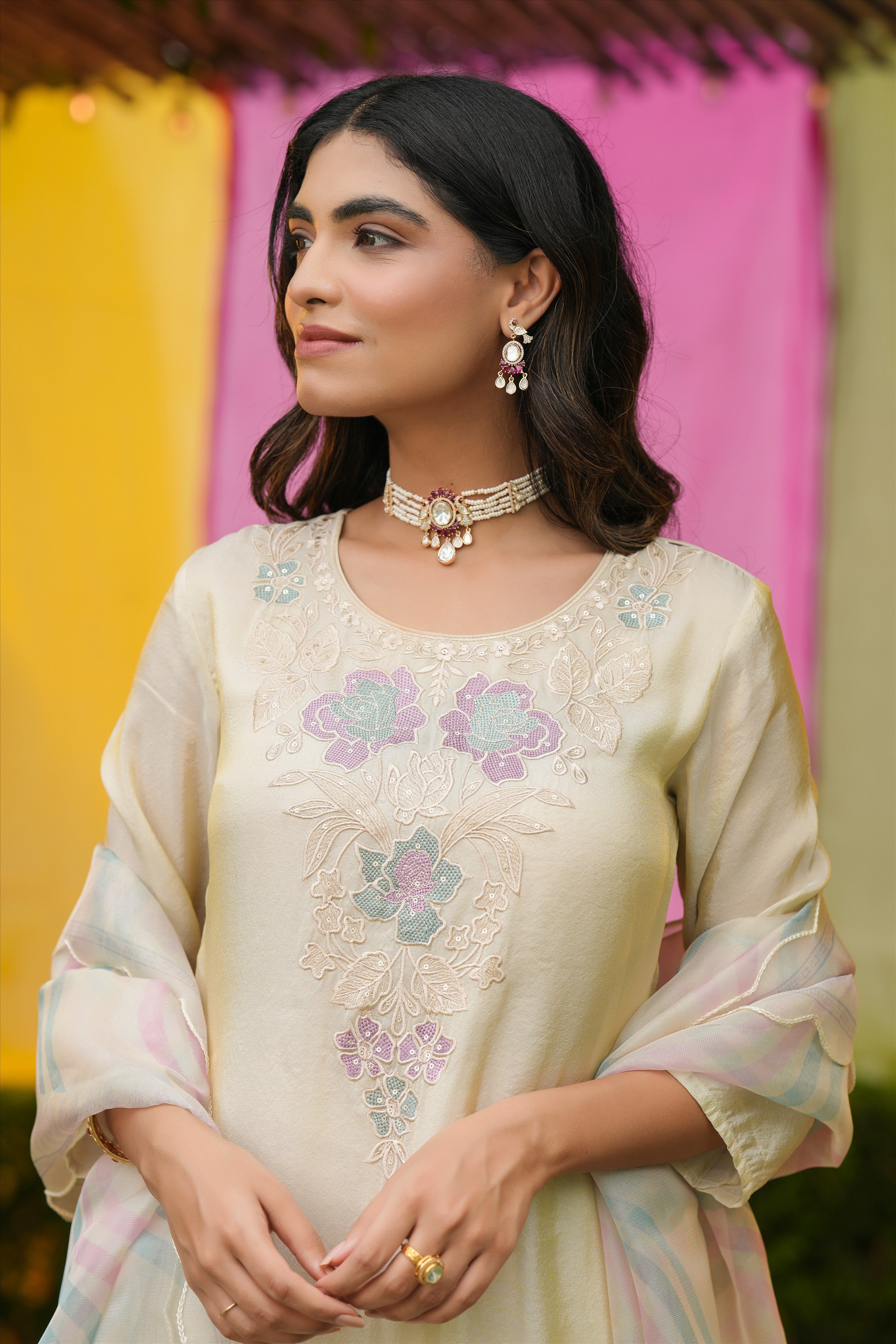 Ivory Shimmer Tissue Floral Embroidered Straight Suit Set