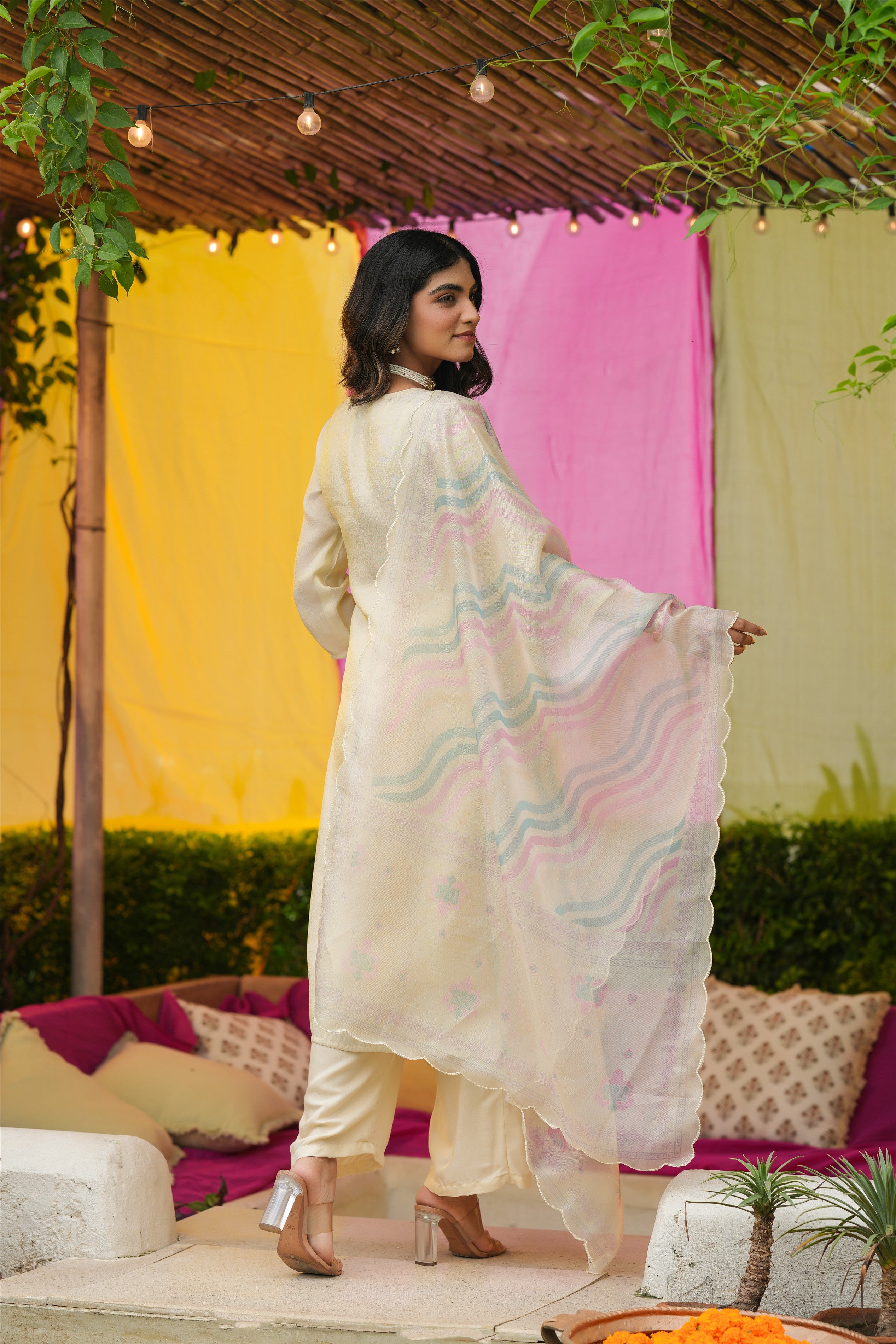 Ivory Shimmer Tissue Floral Embroidered Straight Suit Set