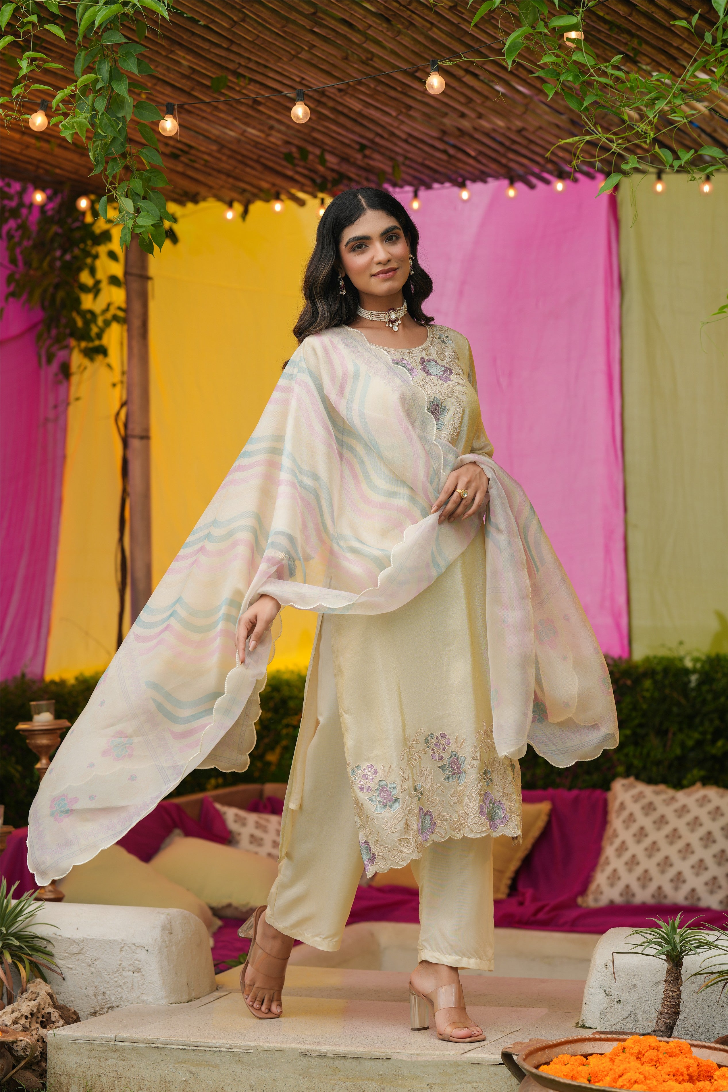 Ivory Shimmer Tissue Floral Embroidered Straight Suit Set