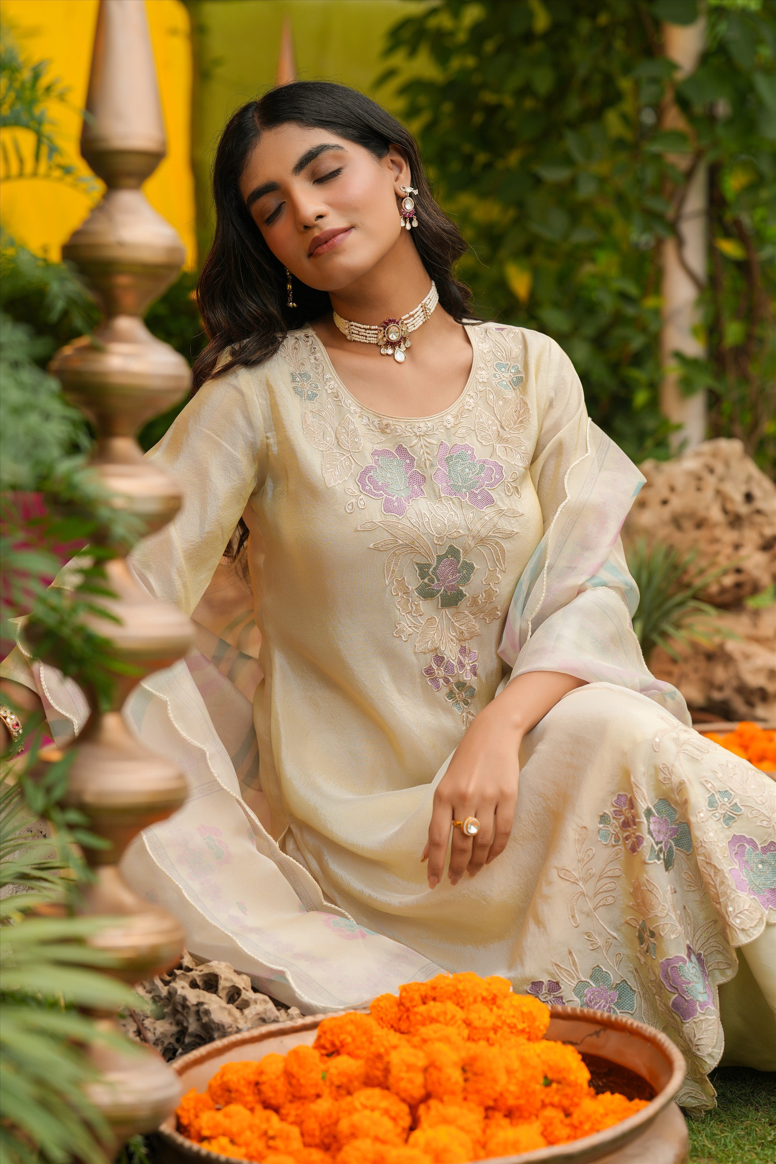 Ivory Shimmer Tissue Floral Embroidered Straight Suit Set