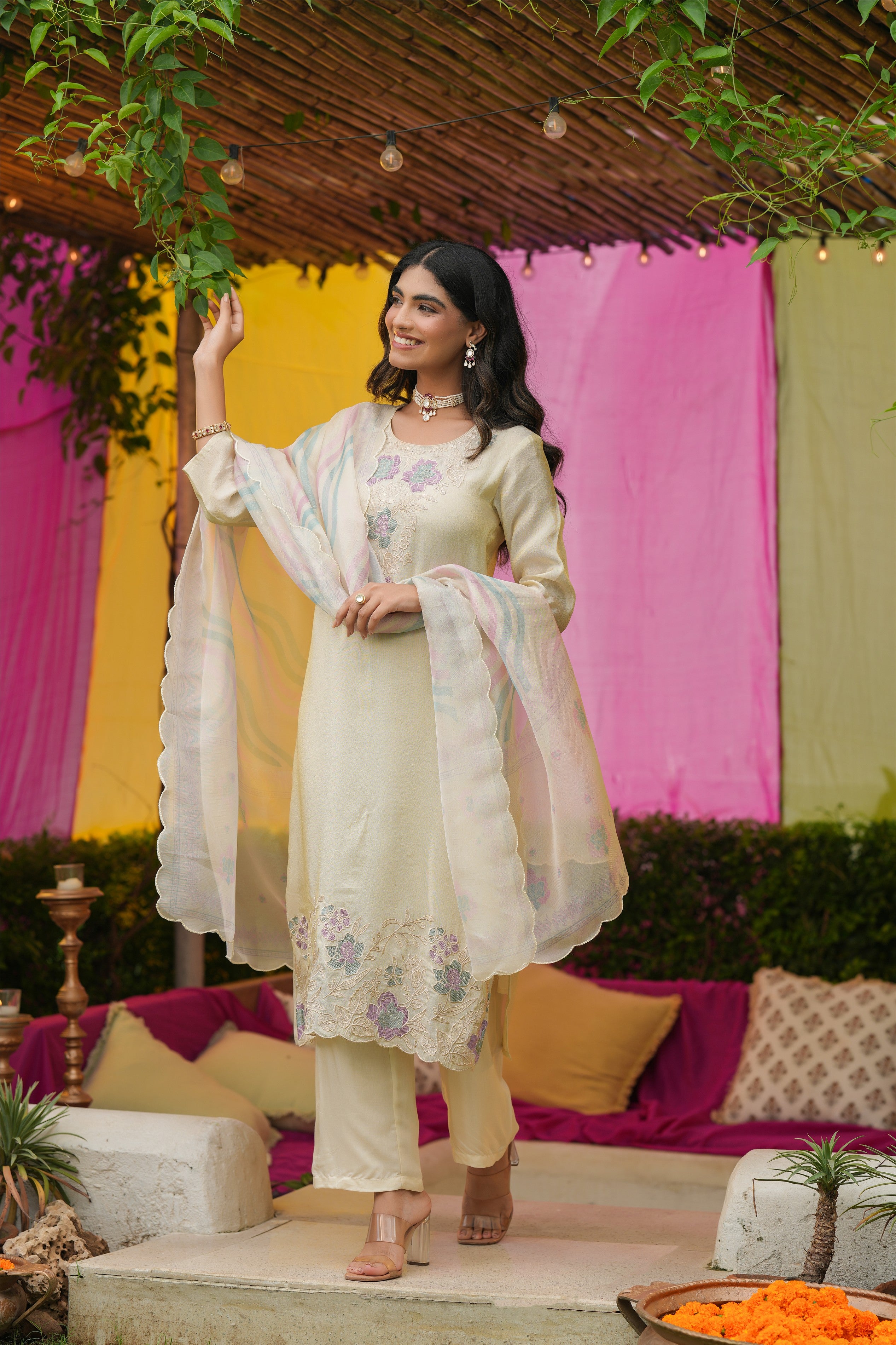 Ivory Shimmer Tissue Floral Embroidered Straight Suit Set