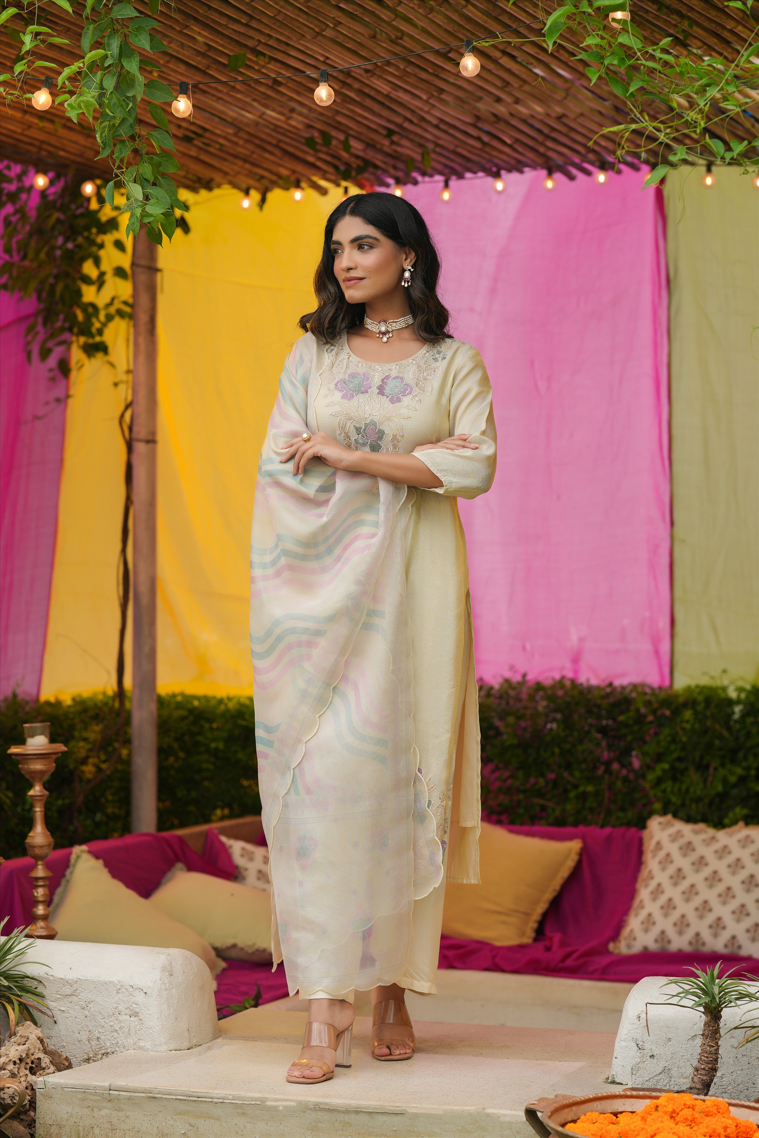 Ivory Shimmer Tissue Floral Embroidered Straight Suit Set