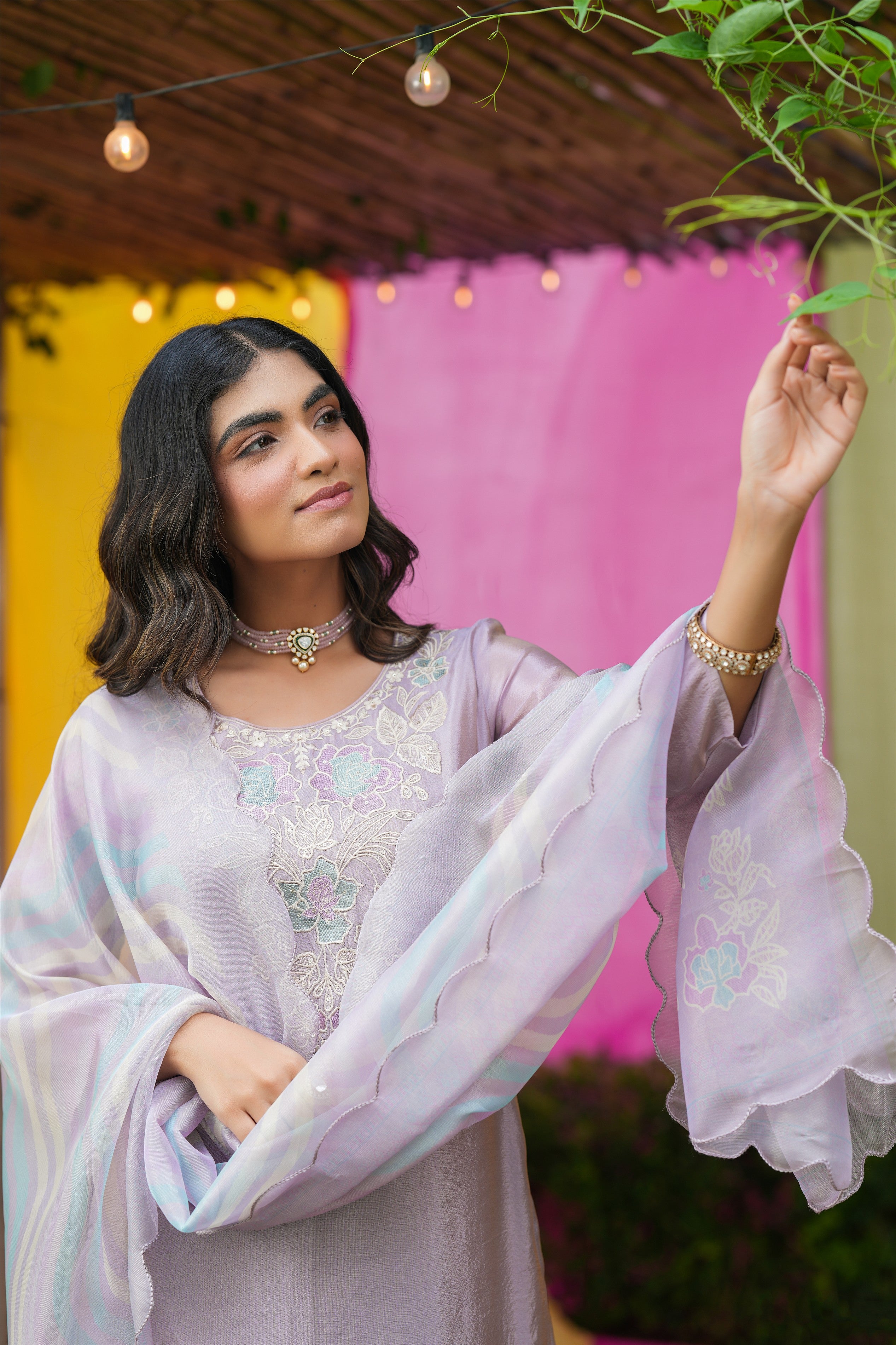 Lavender Shimmer Tissue Floral Embroidered Straight Suit Set