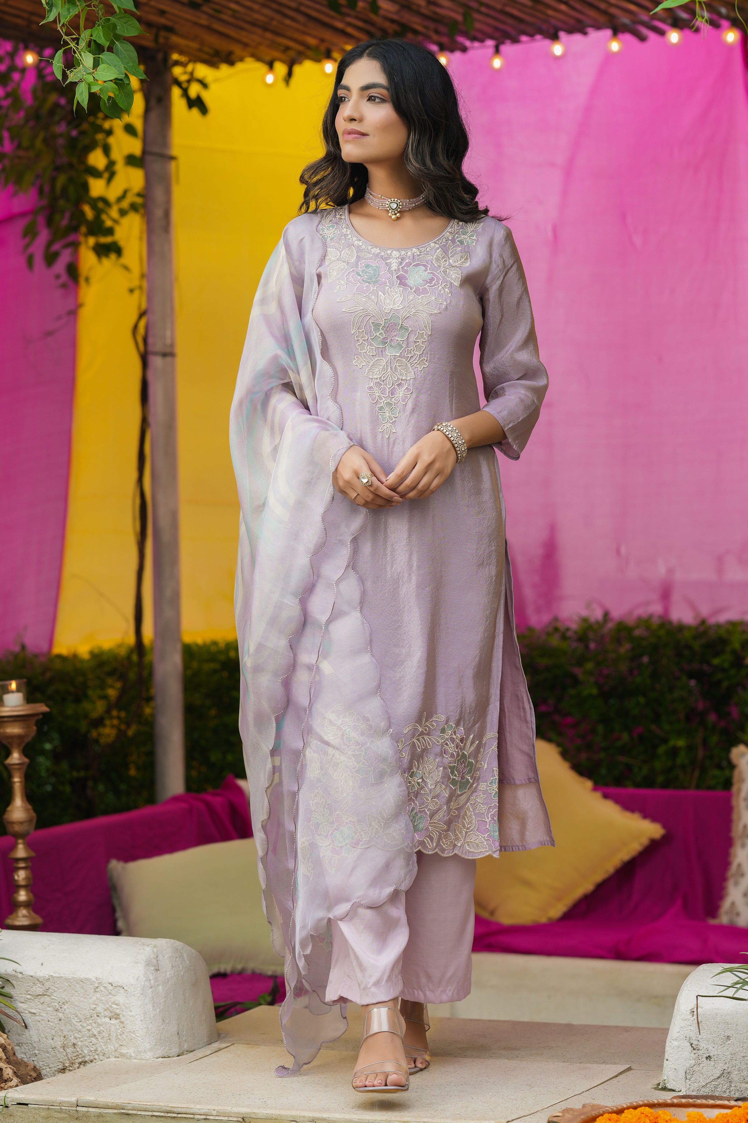 Lavender Shimmer Tissue Floral Embroidered Straight Suit Set