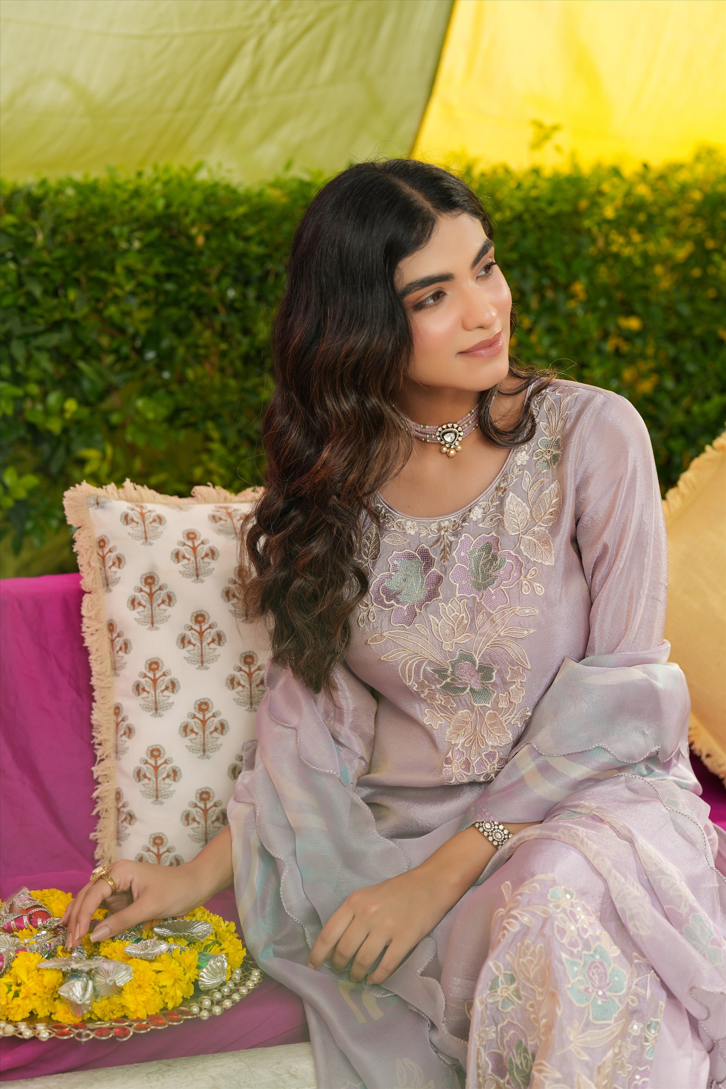 Lavender Shimmer Tissue Floral Embroidered Straight Suit Set