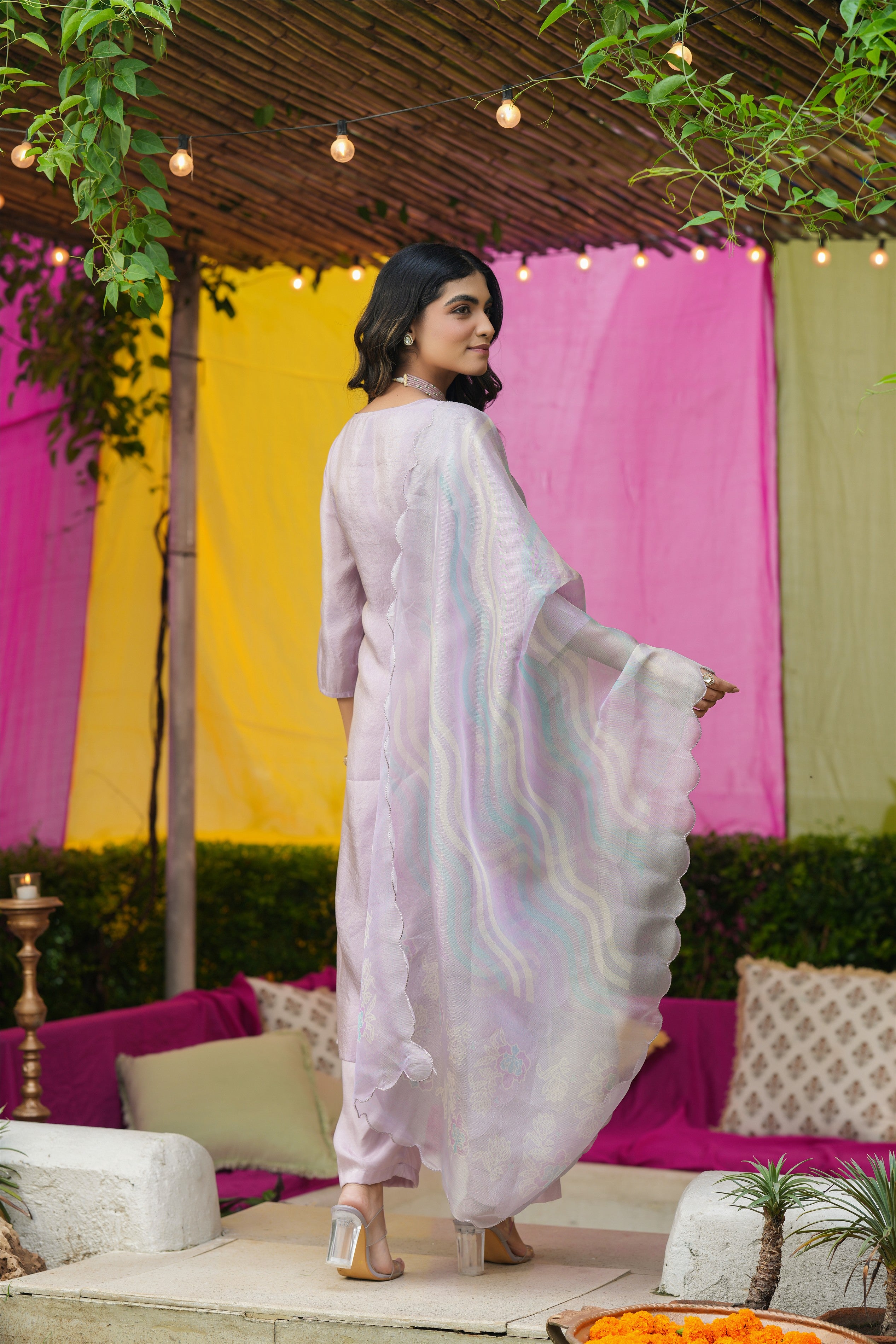 Lavender Shimmer Tissue Floral Embroidered Straight Suit Set