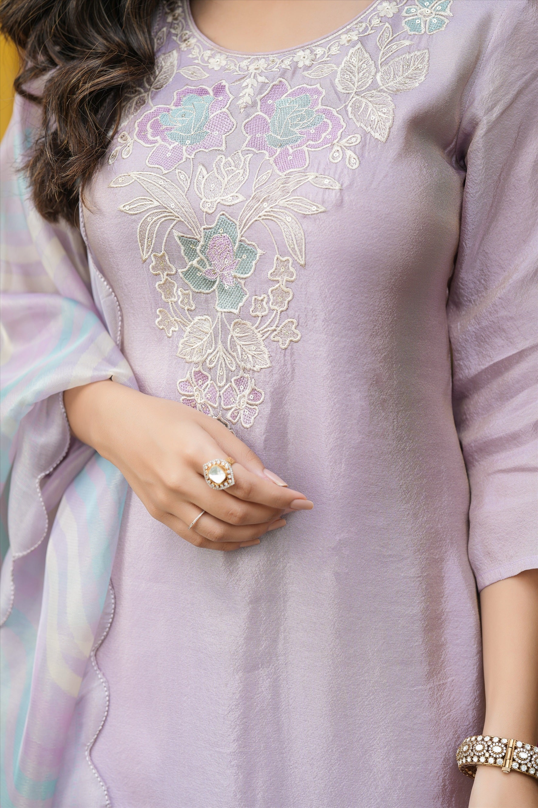 Lavender Shimmer Tissue Floral Embroidered Straight Suit Set