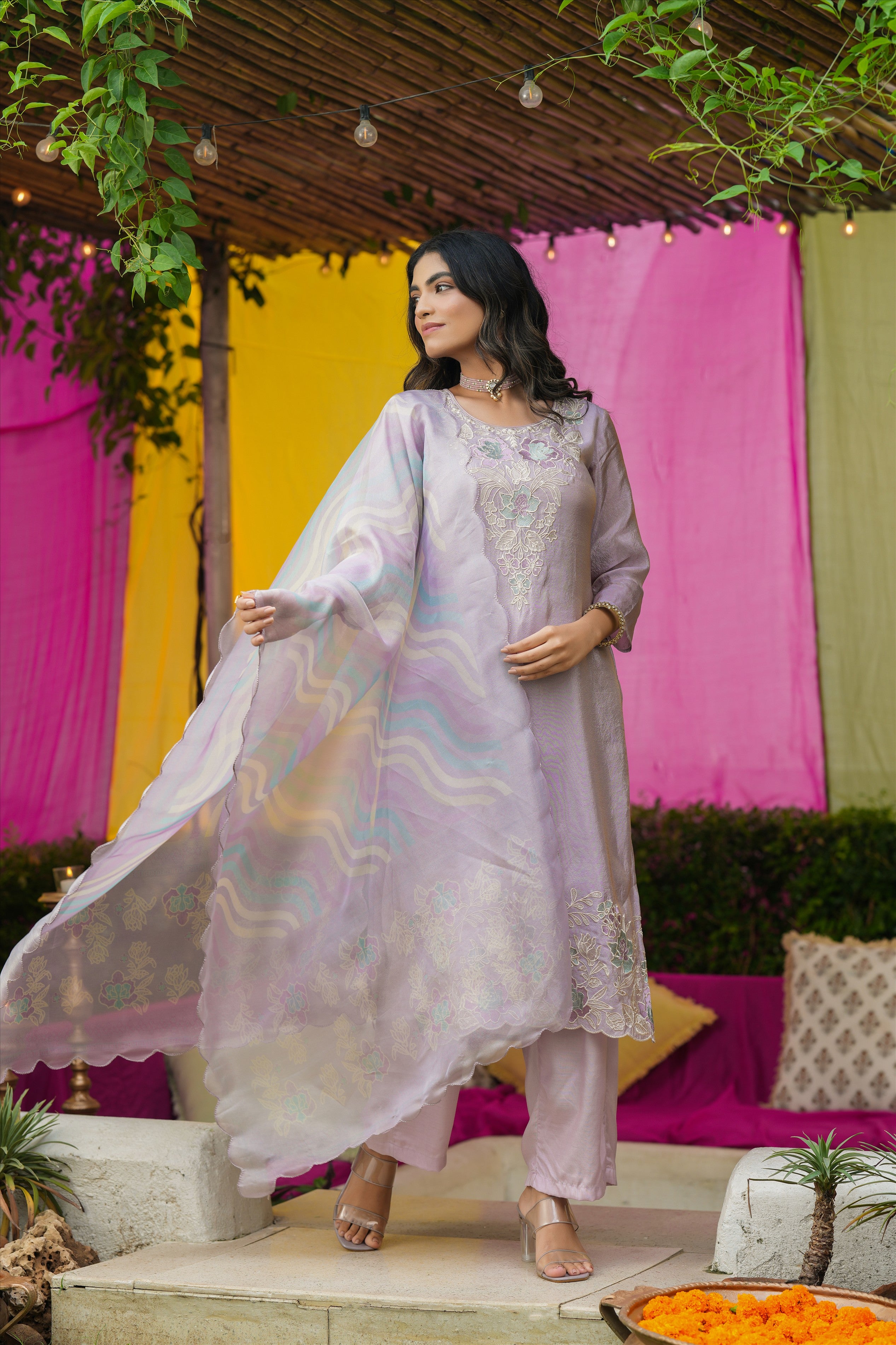 Lavender Shimmer Tissue Floral Embroidered Straight Suit Set