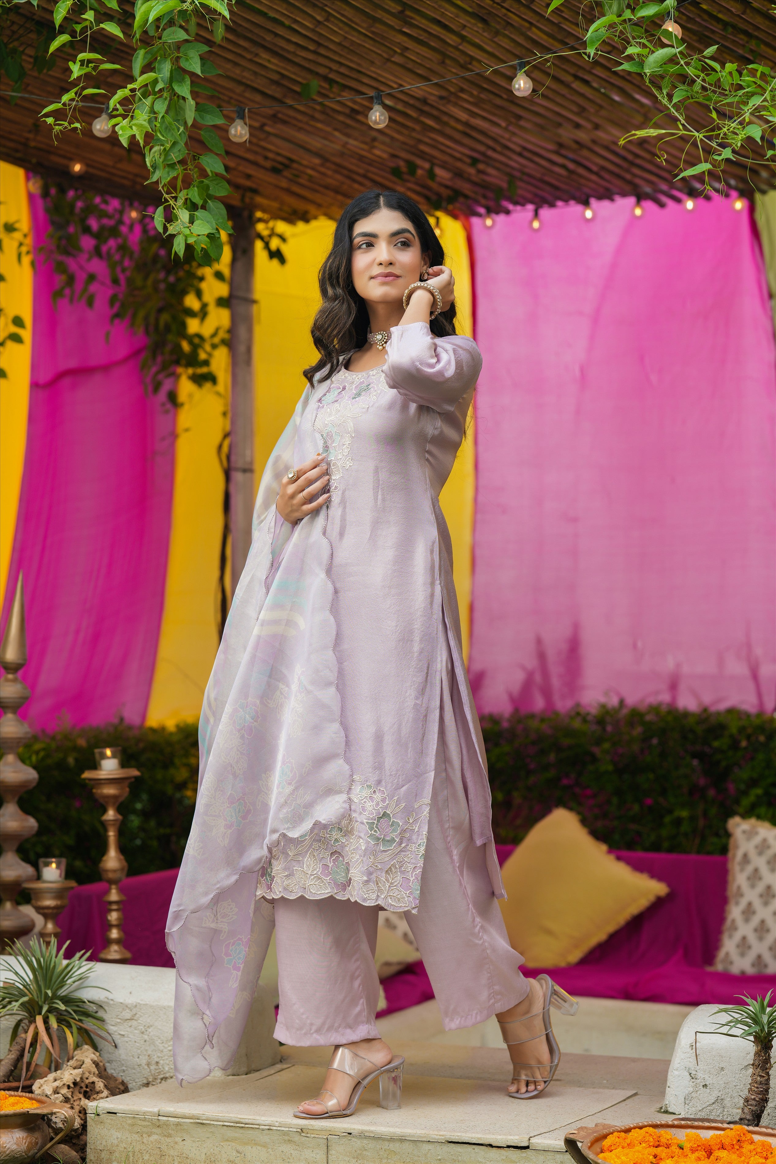 Lavender Shimmer Tissue Floral Embroidered Straight Suit Set