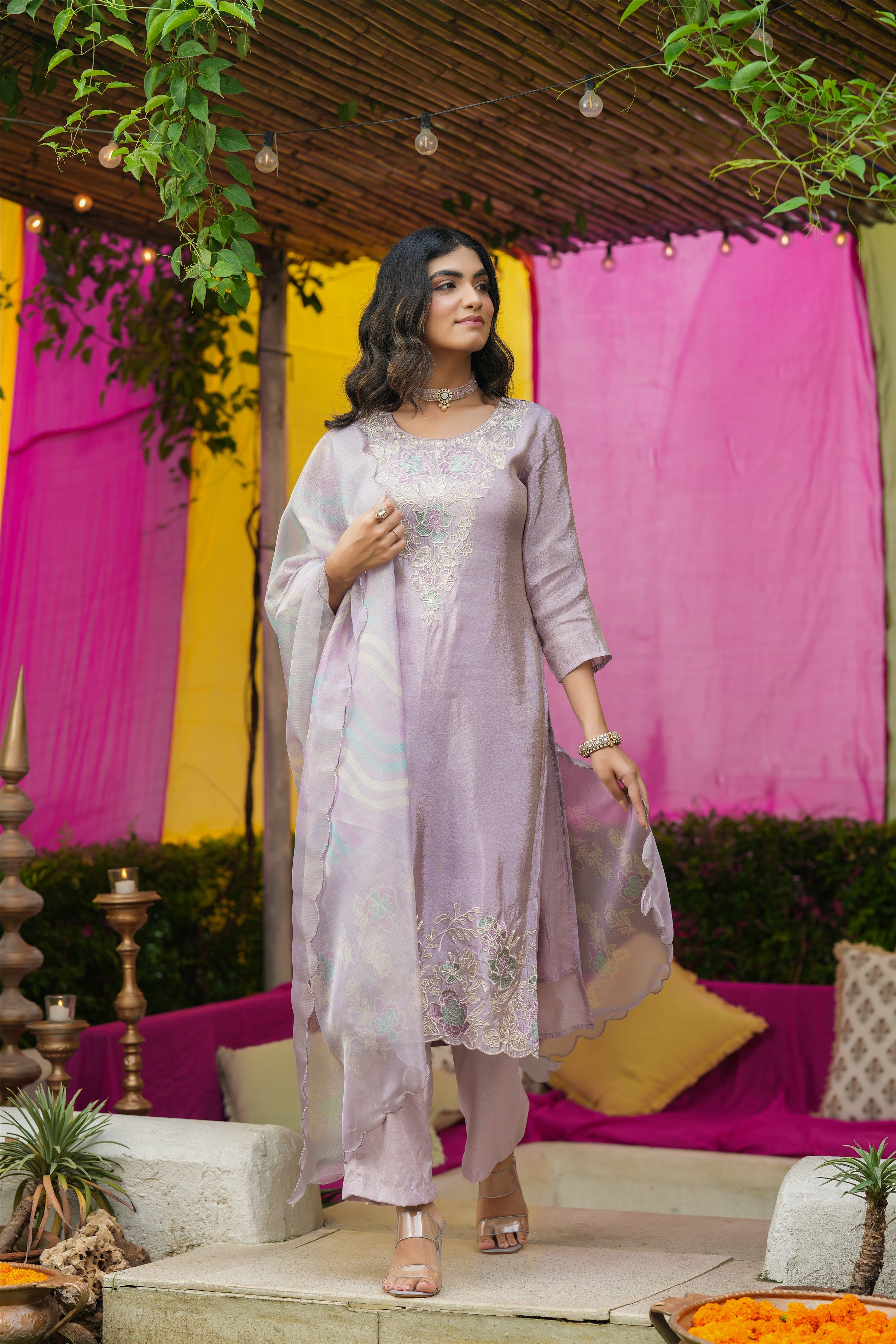 Lavender Shimmer Tissue Floral Embroidered Straight Suit Set