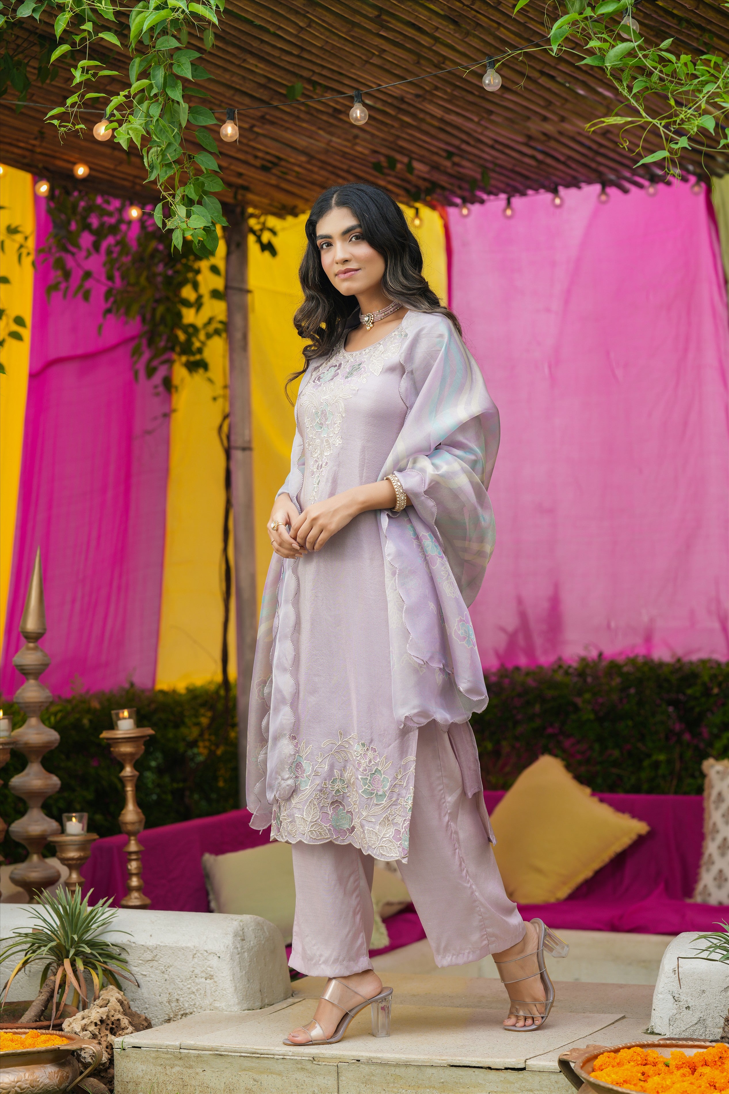 Lavender Shimmer Tissue Floral Embroidered Straight Suit Set