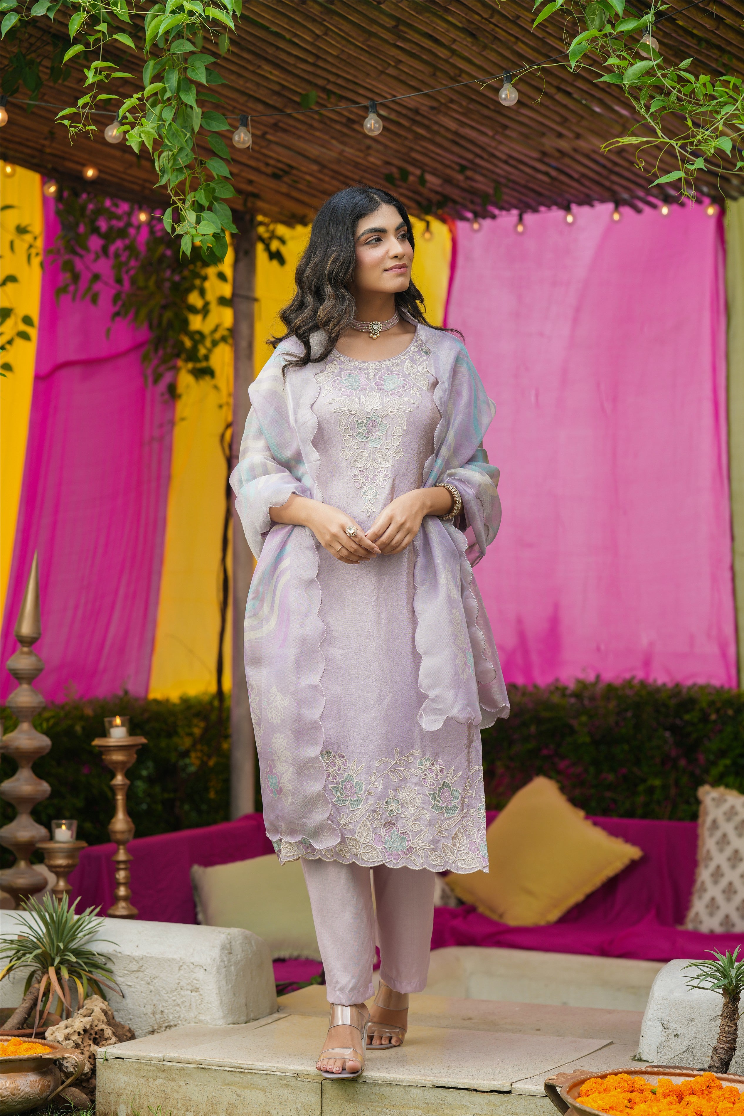 Lavender Shimmer Tissue Floral Embroidered Straight Suit Set