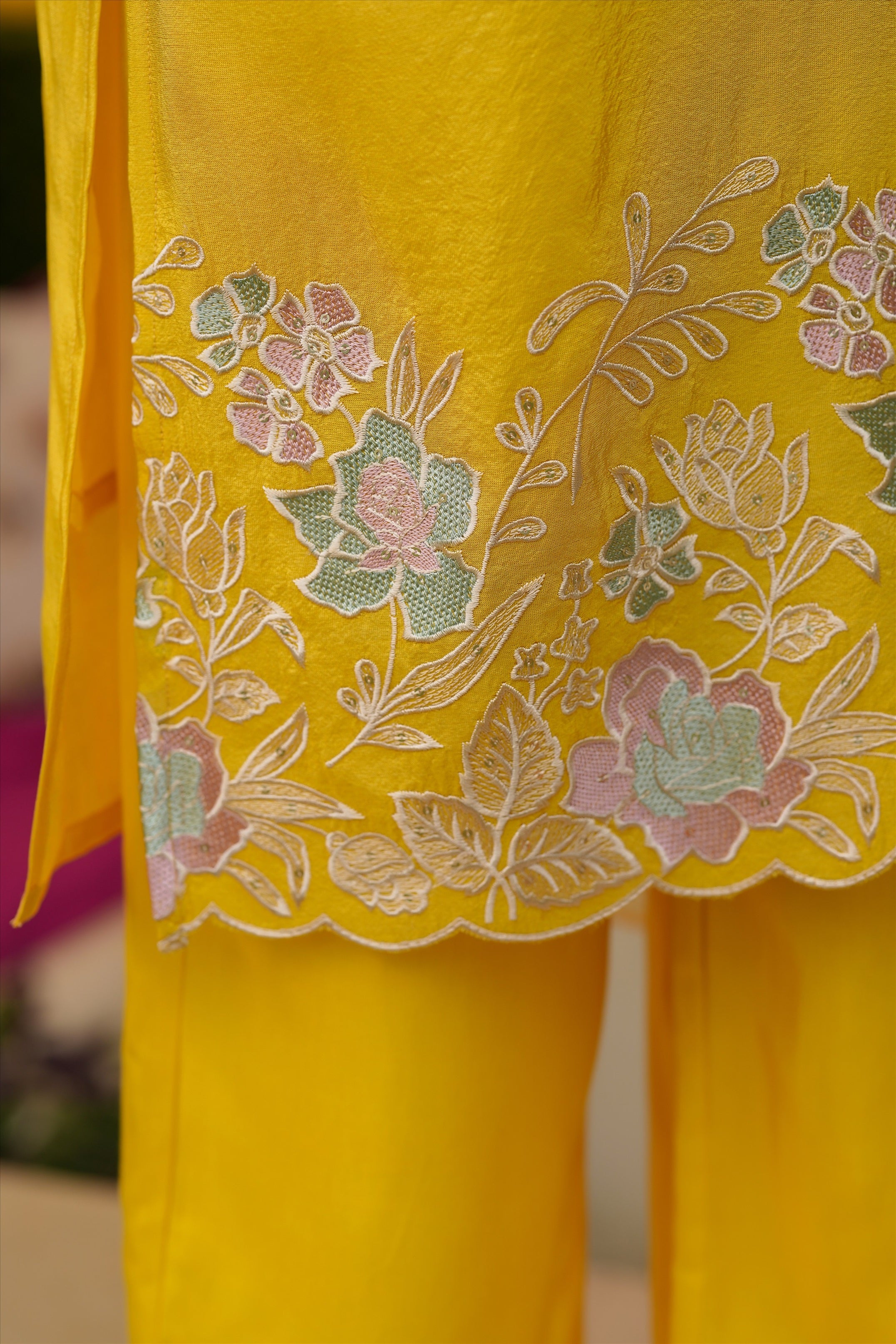 Yellow Shimmer Tissue Floral Embroidered Straight Suit Set