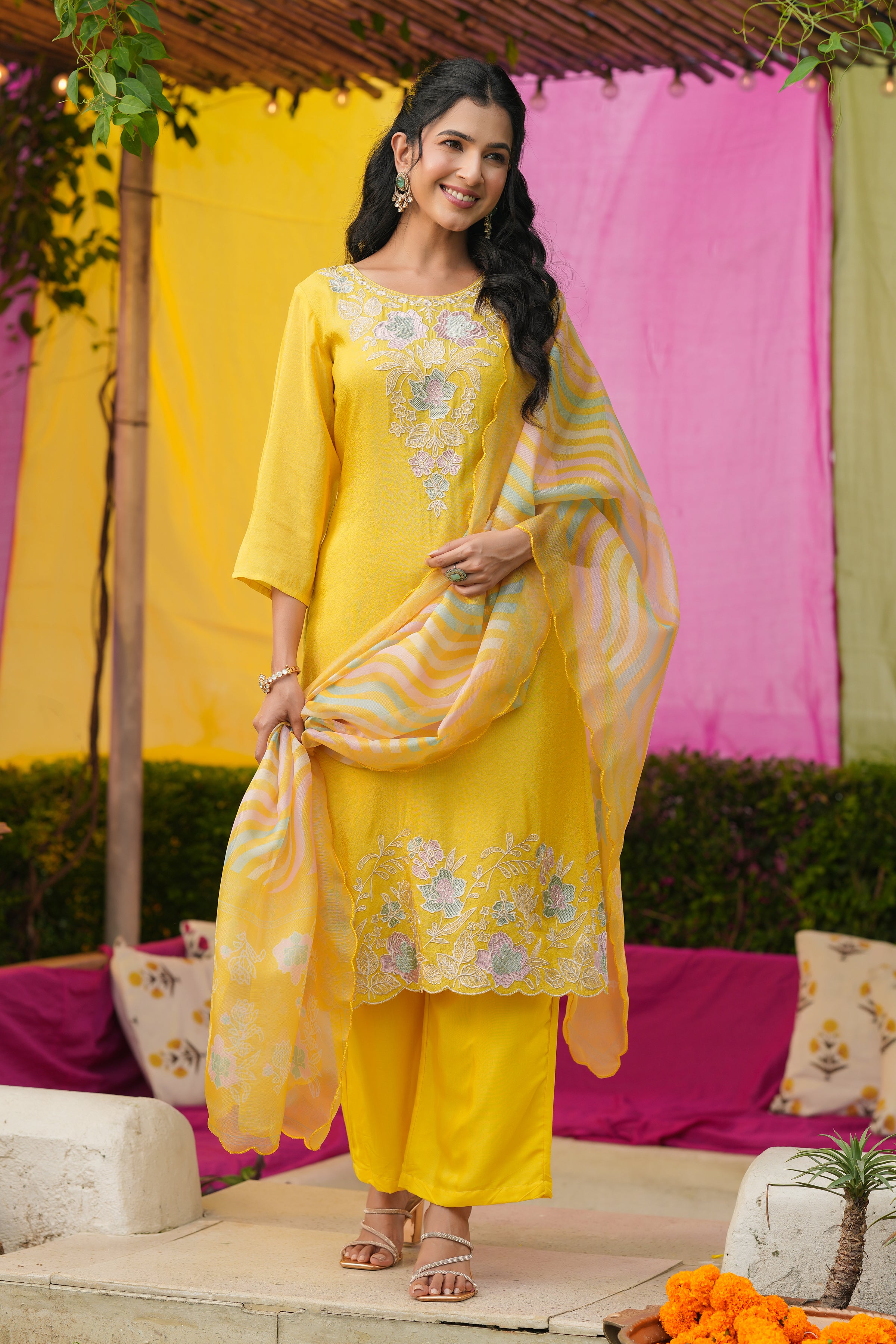 Yellow Shimmer Tissue Floral Embroidered Straight Suit Set