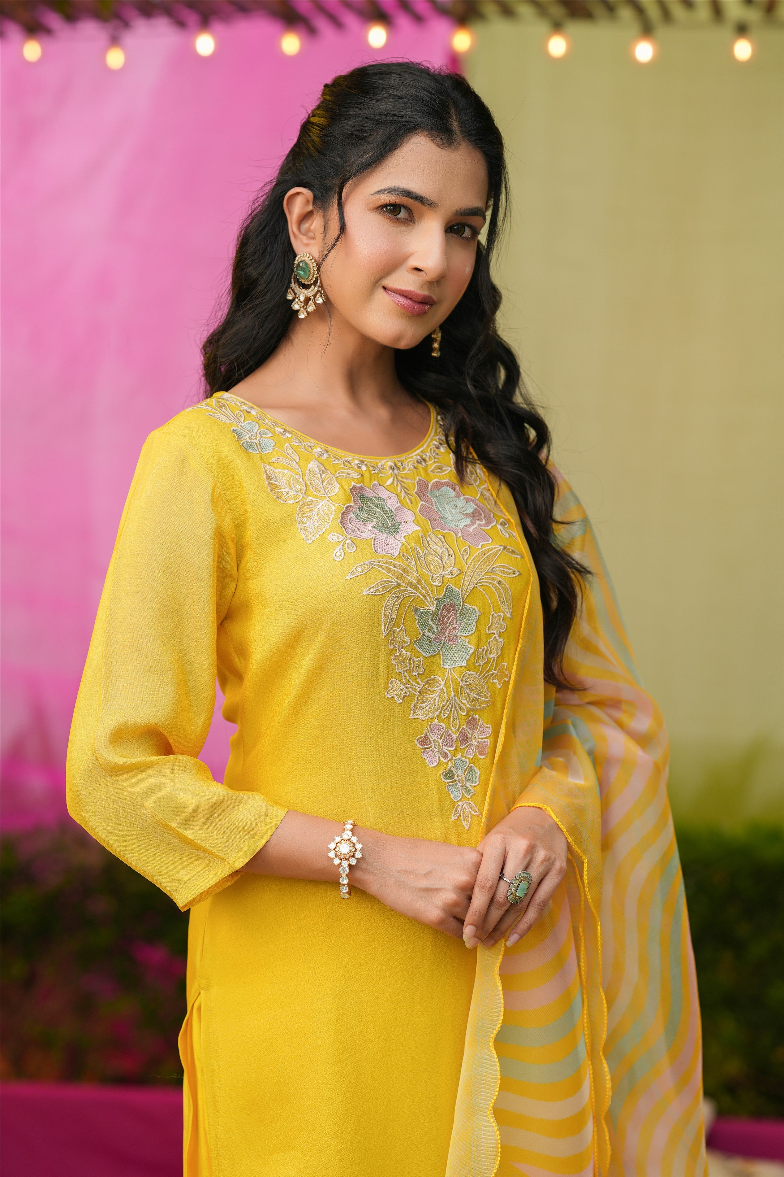 Yellow Shimmer Tissue Floral Embroidered Straight Suit Set
