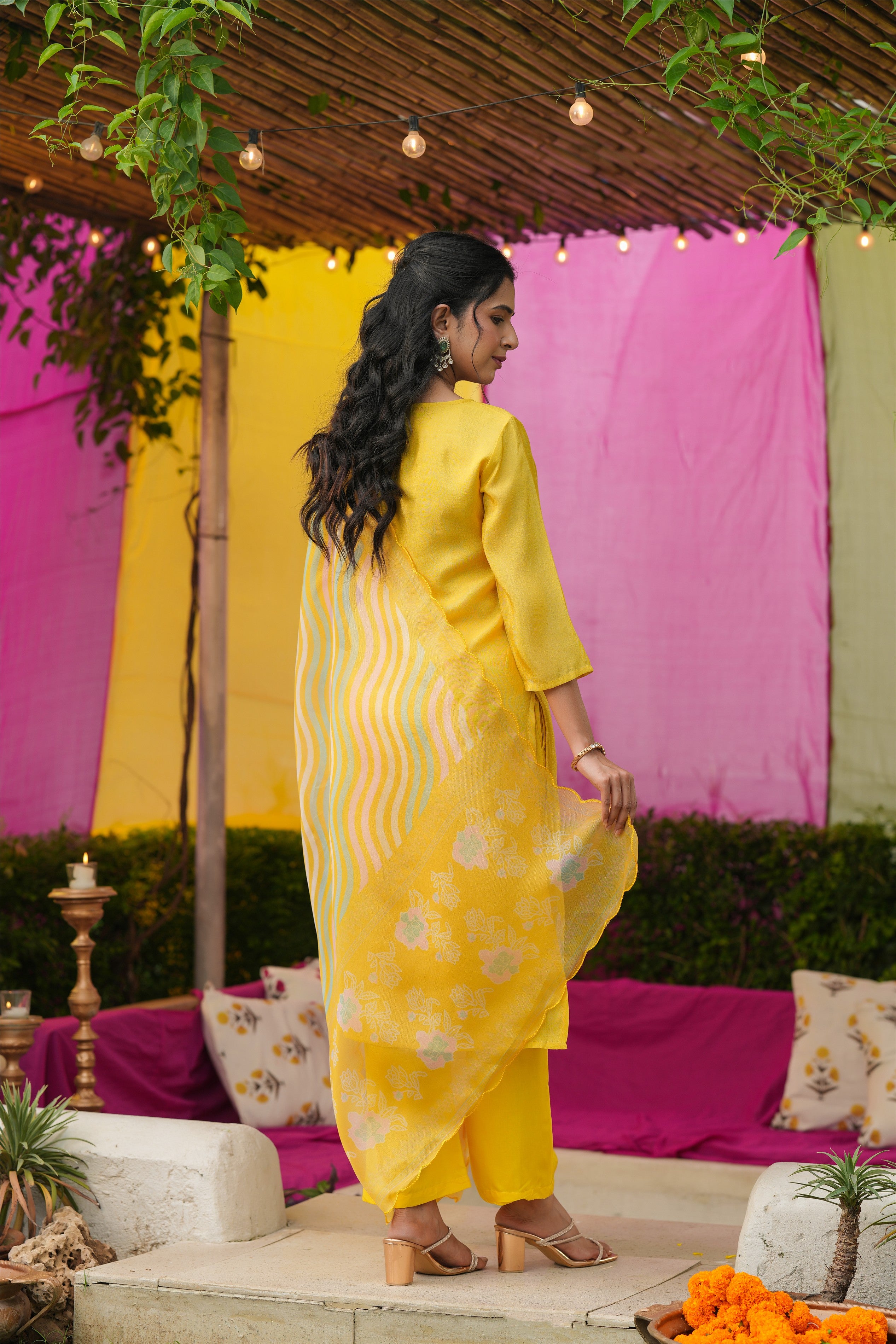 Yellow Shimmer Tissue Floral Embroidered Straight Suit Set