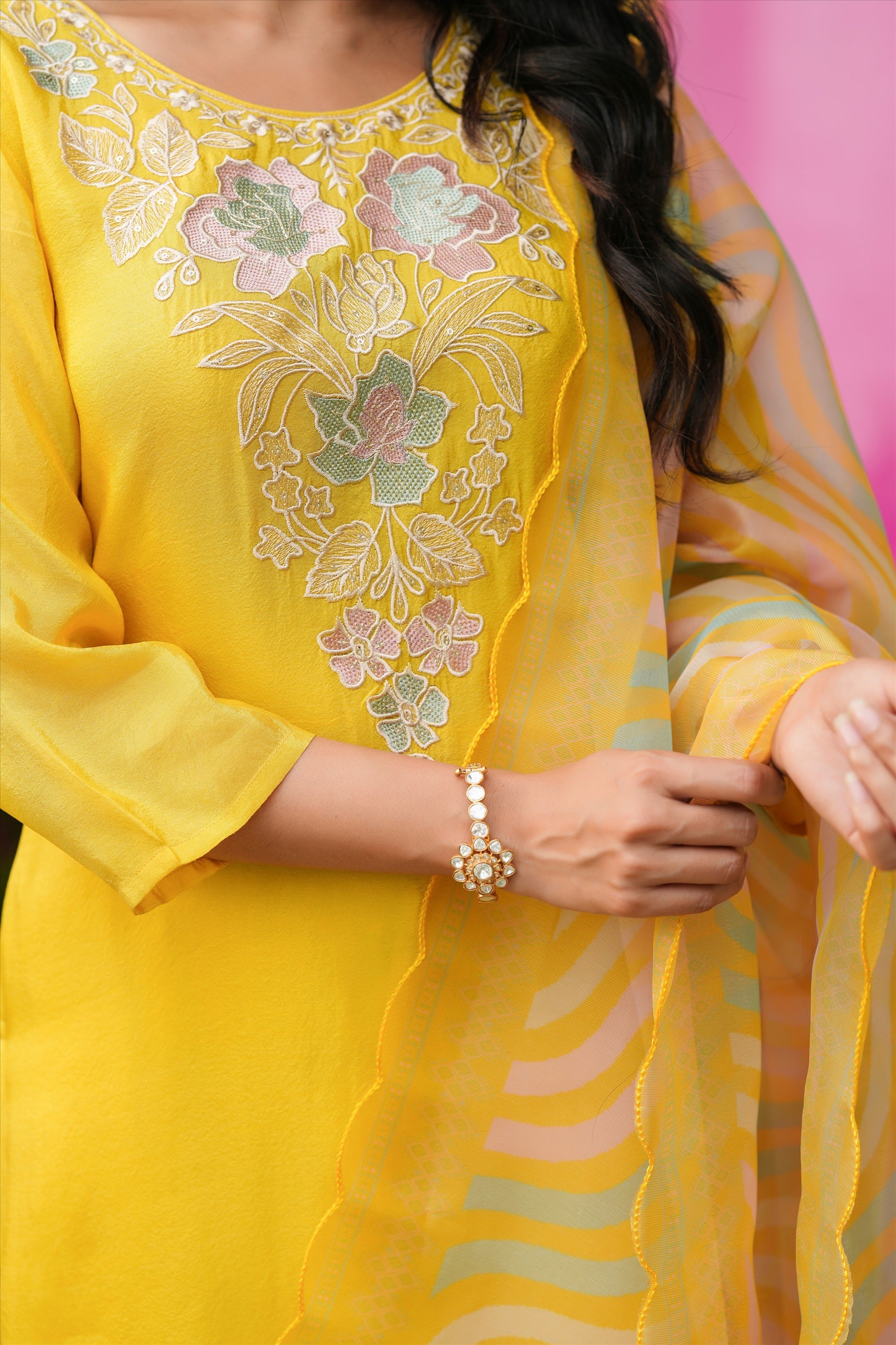 Yellow Shimmer Tissue Floral Embroidered Straight Suit Set
