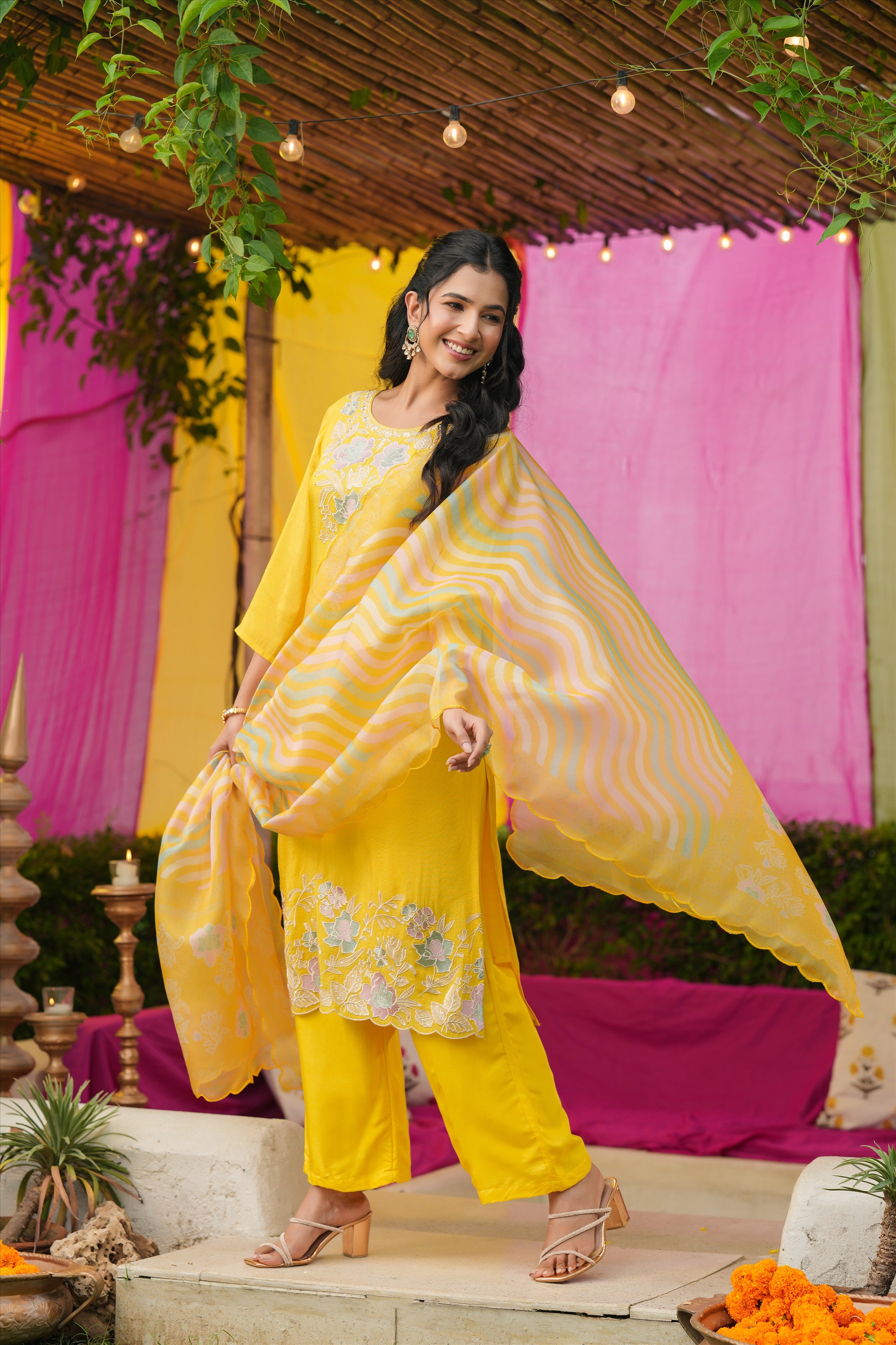 Yellow Shimmer Tissue Floral Embroidered Straight Suit Set