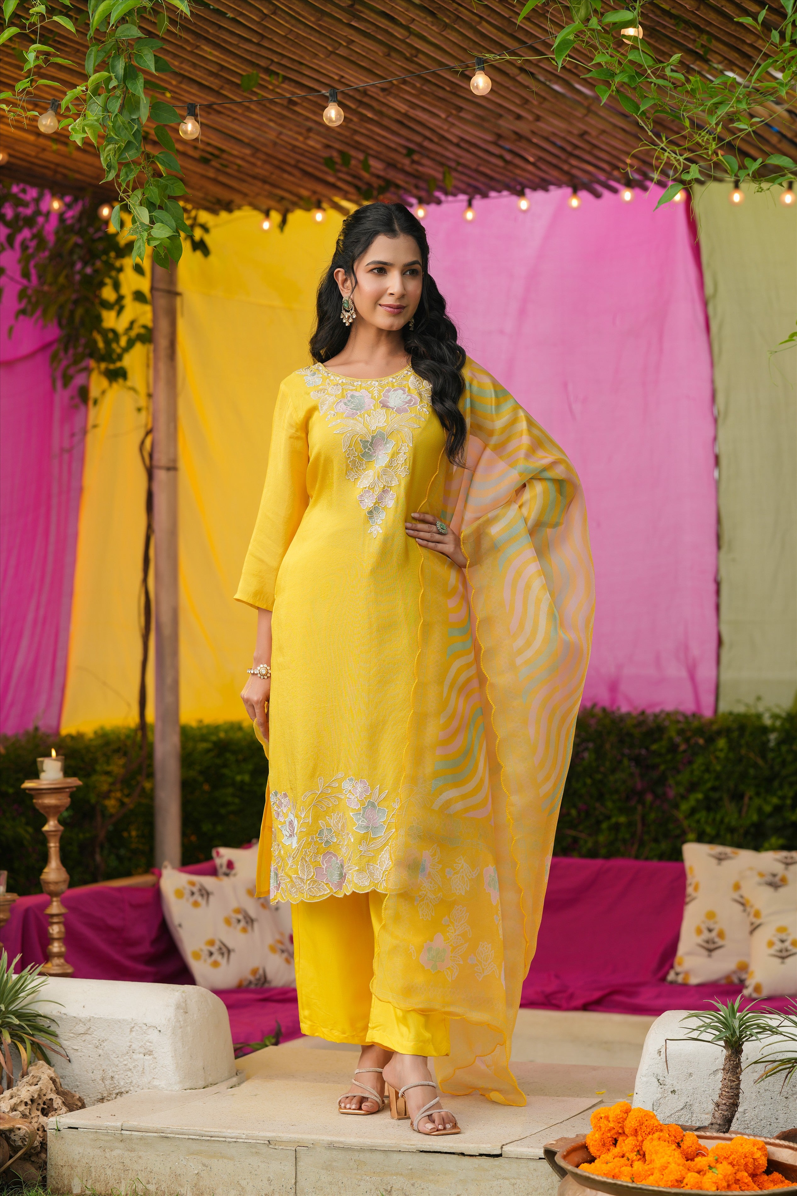 Yellow Shimmer Tissue Floral Embroidered Straight Suit Set