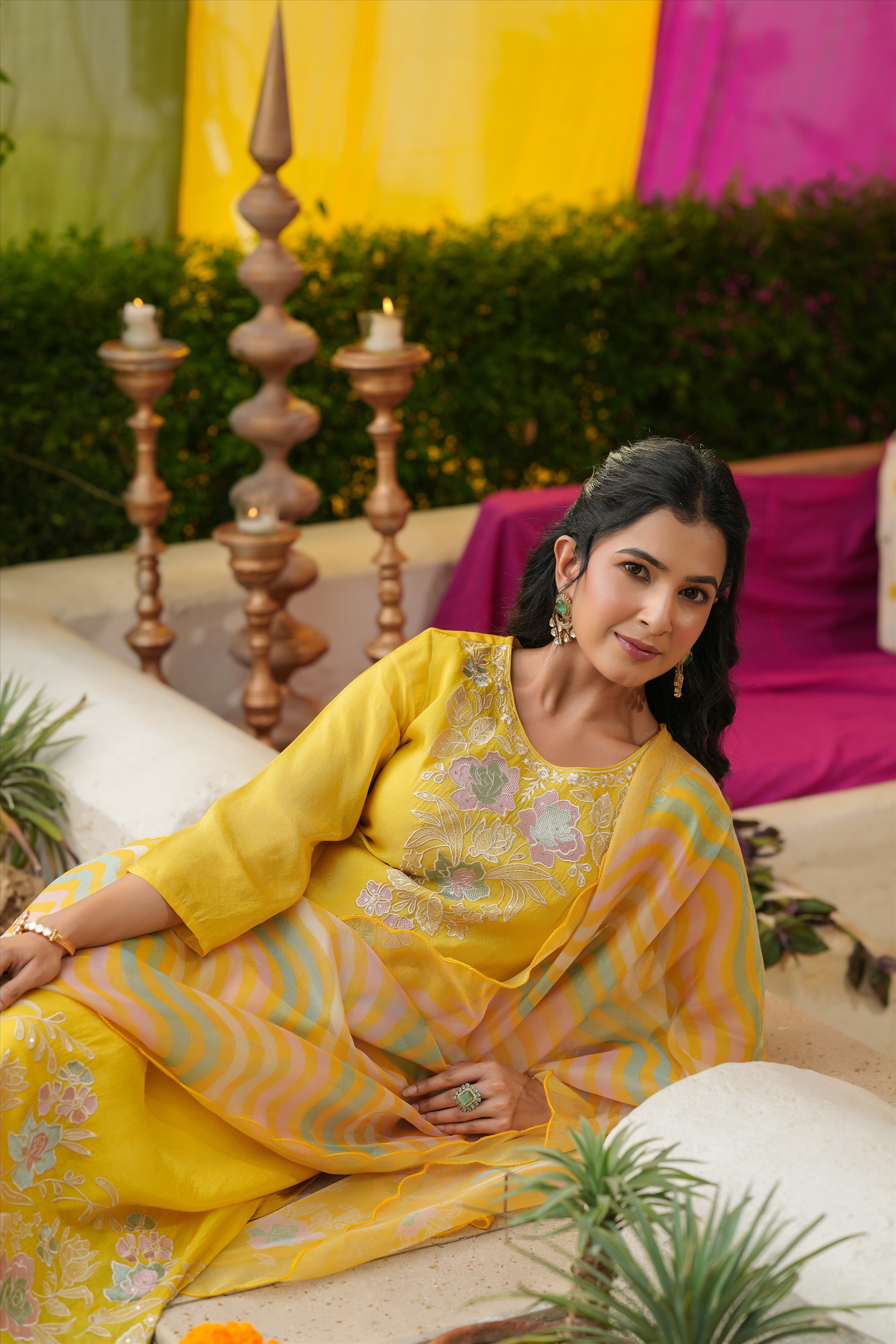 Yellow Shimmer Tissue Floral Embroidered Straight Suit Set