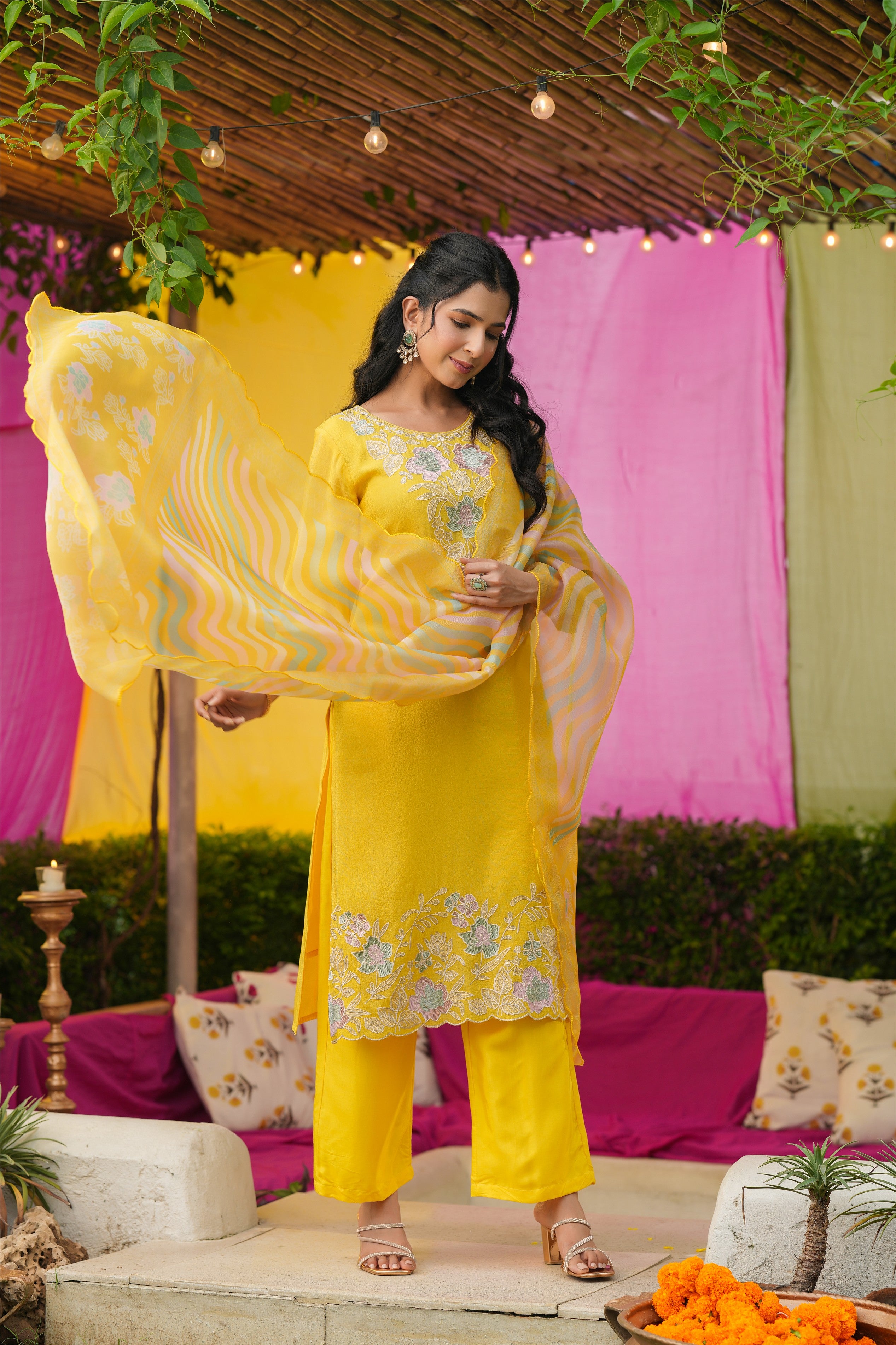 Yellow Shimmer Tissue Floral Embroidered Straight Suit Set