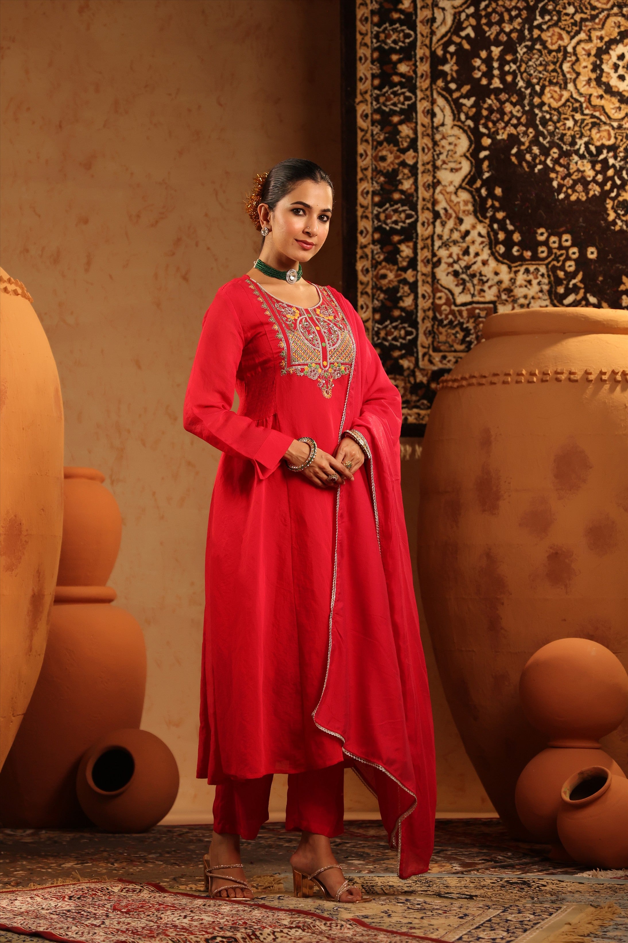 Red Mul Chanderi Hand Embroidered Anarkali Suit Set