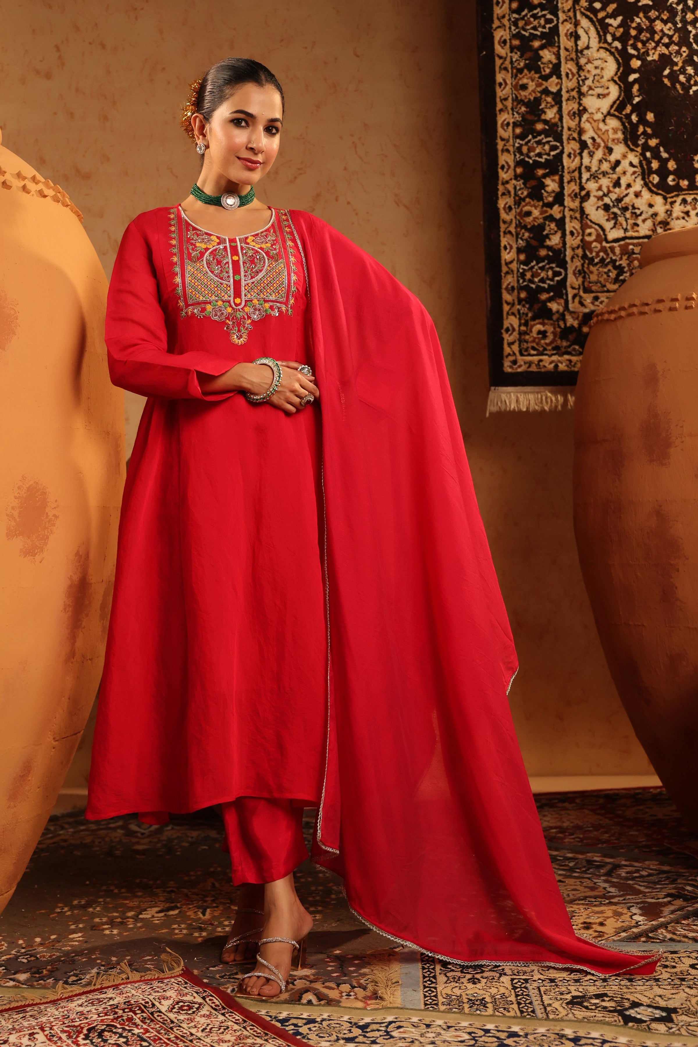 Red Mul Chanderi Hand Embroidered Anarkali Suit Set