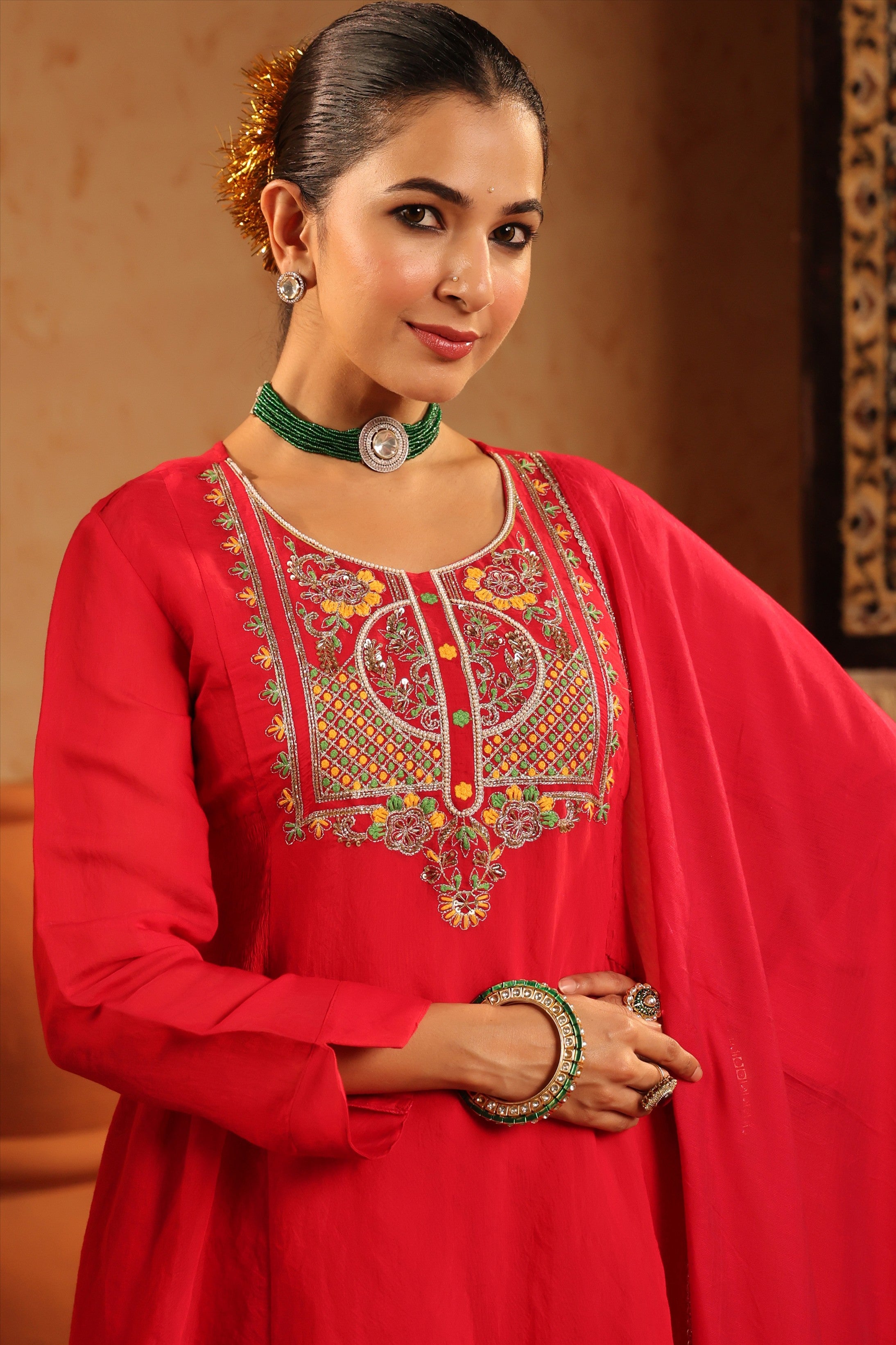 Red Mul Chanderi Hand Embroidered Anarkali Suit Set