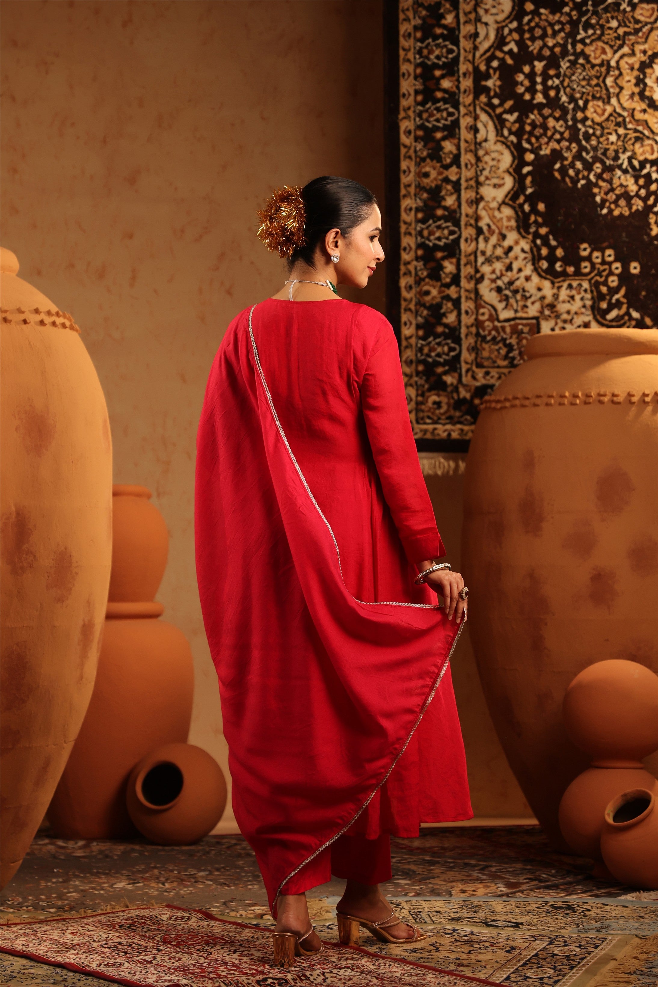 Red Mul Chanderi Hand Embroidered Anarkali Suit Set