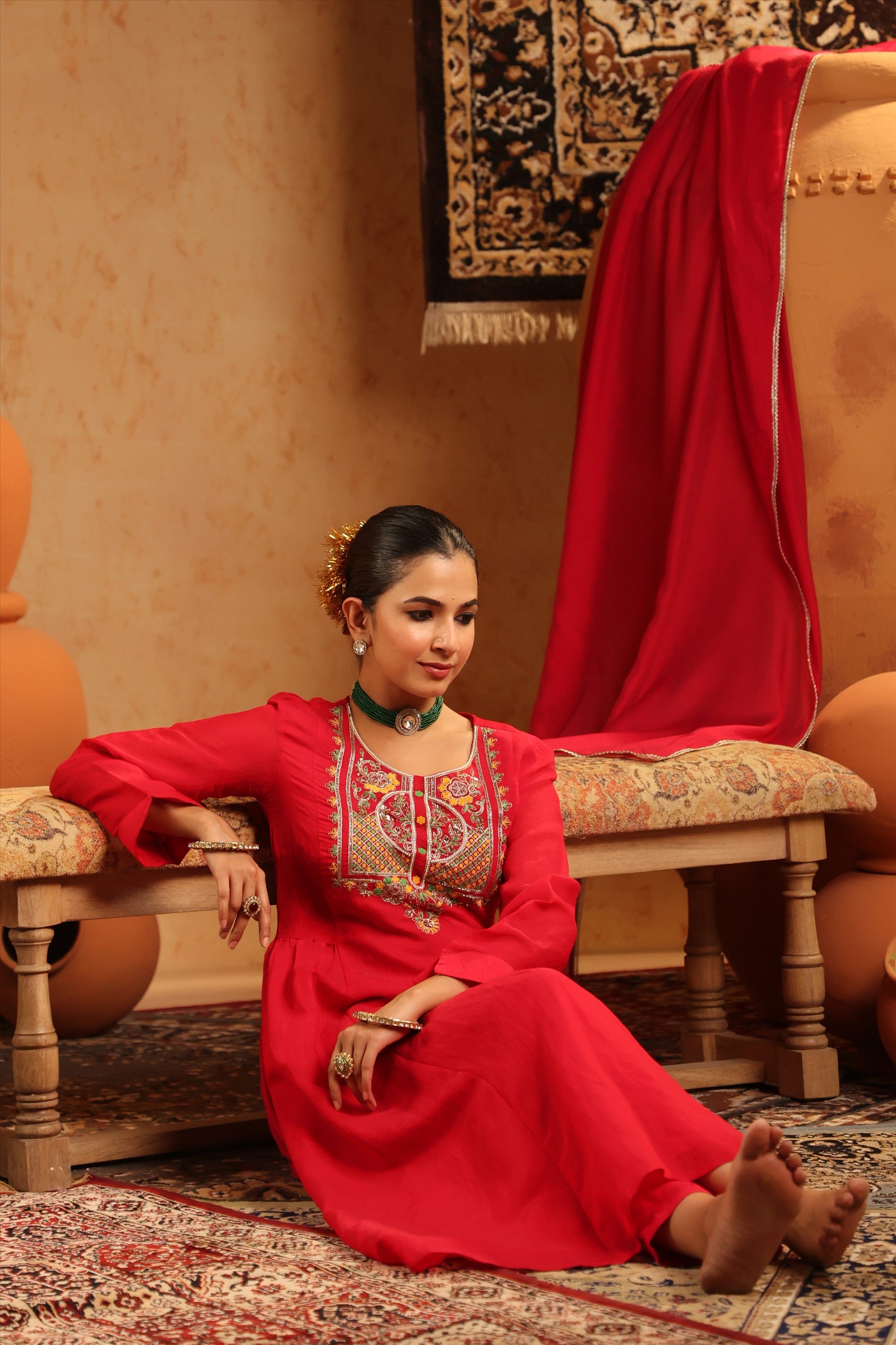Red Mul Chanderi Hand Embroidered Anarkali Suit Set