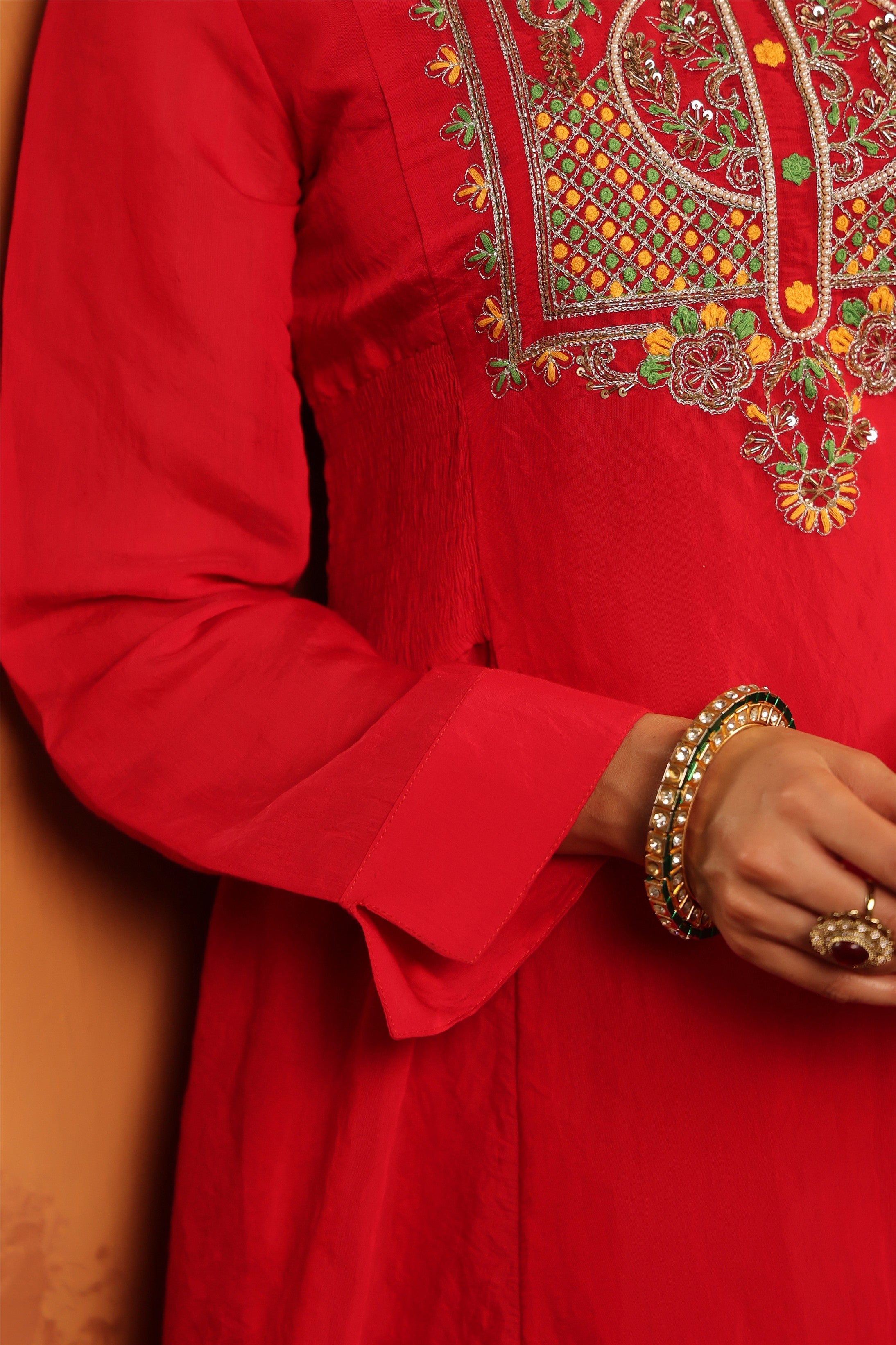 Red Mul Chanderi Hand Embroidered Anarkali Suit Set