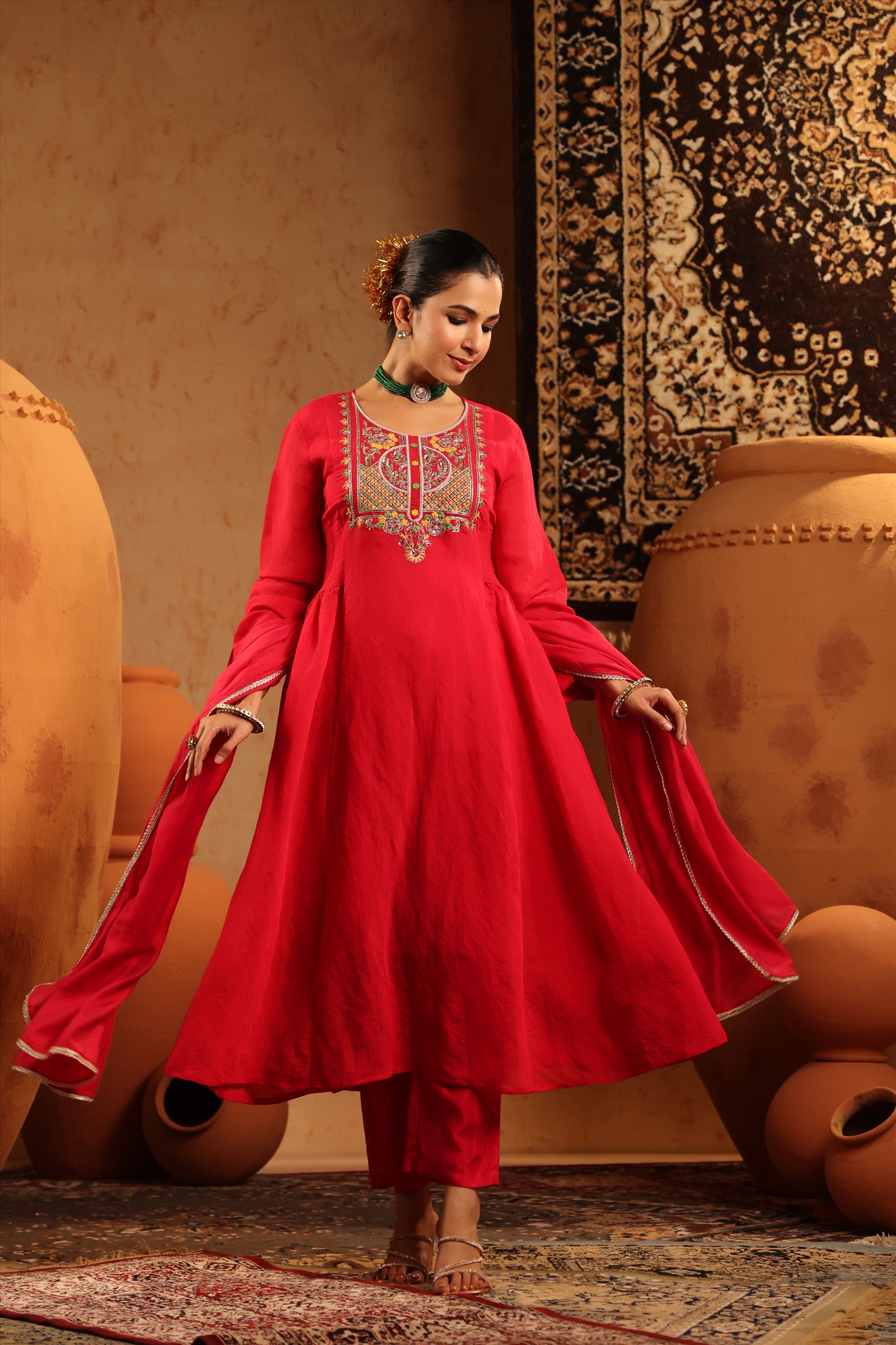 Red Mul Chanderi Hand Embroidered Anarkali Suit Set
