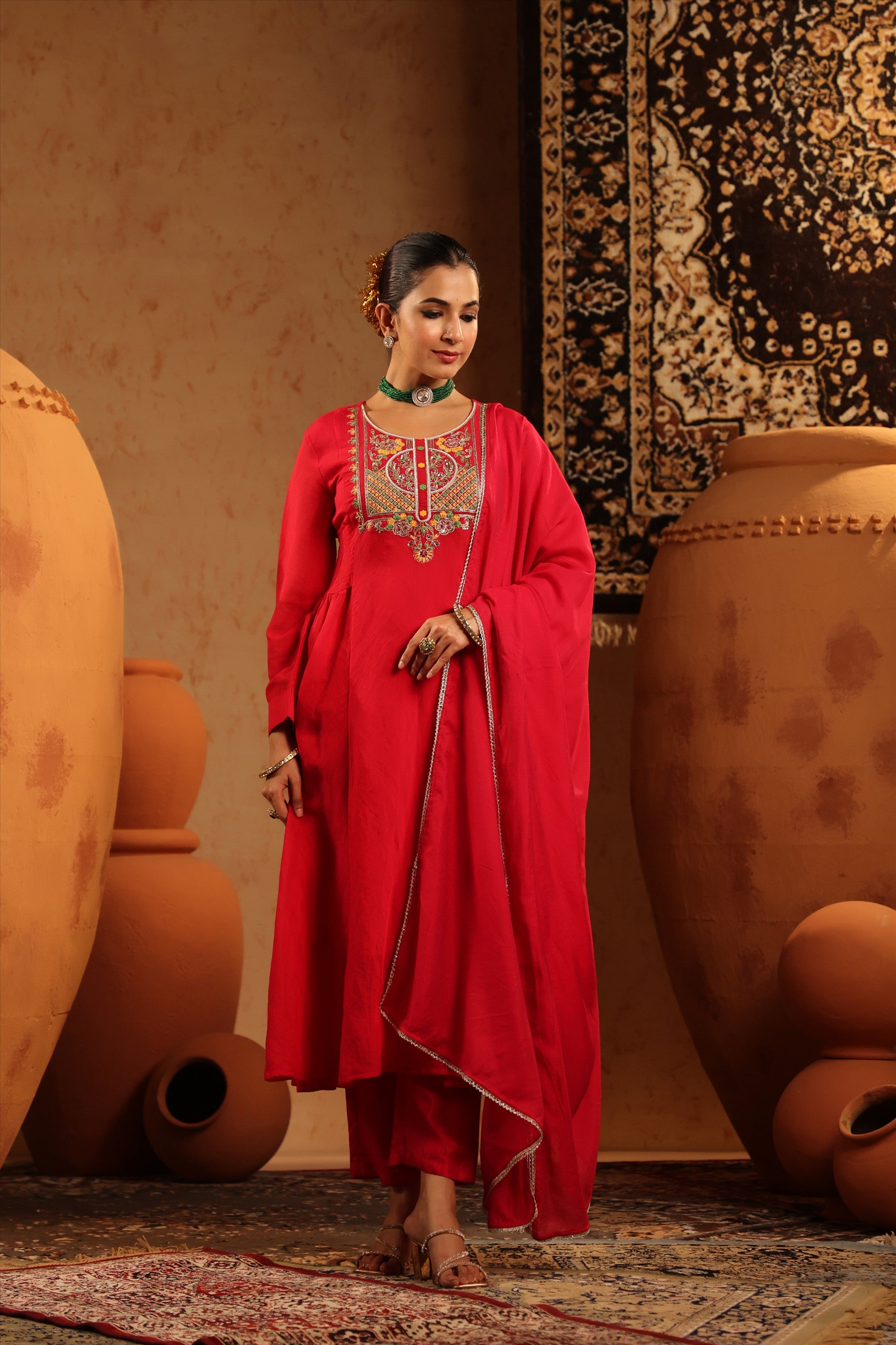 Red Mul Chanderi Hand Embroidered Anarkali Suit Set