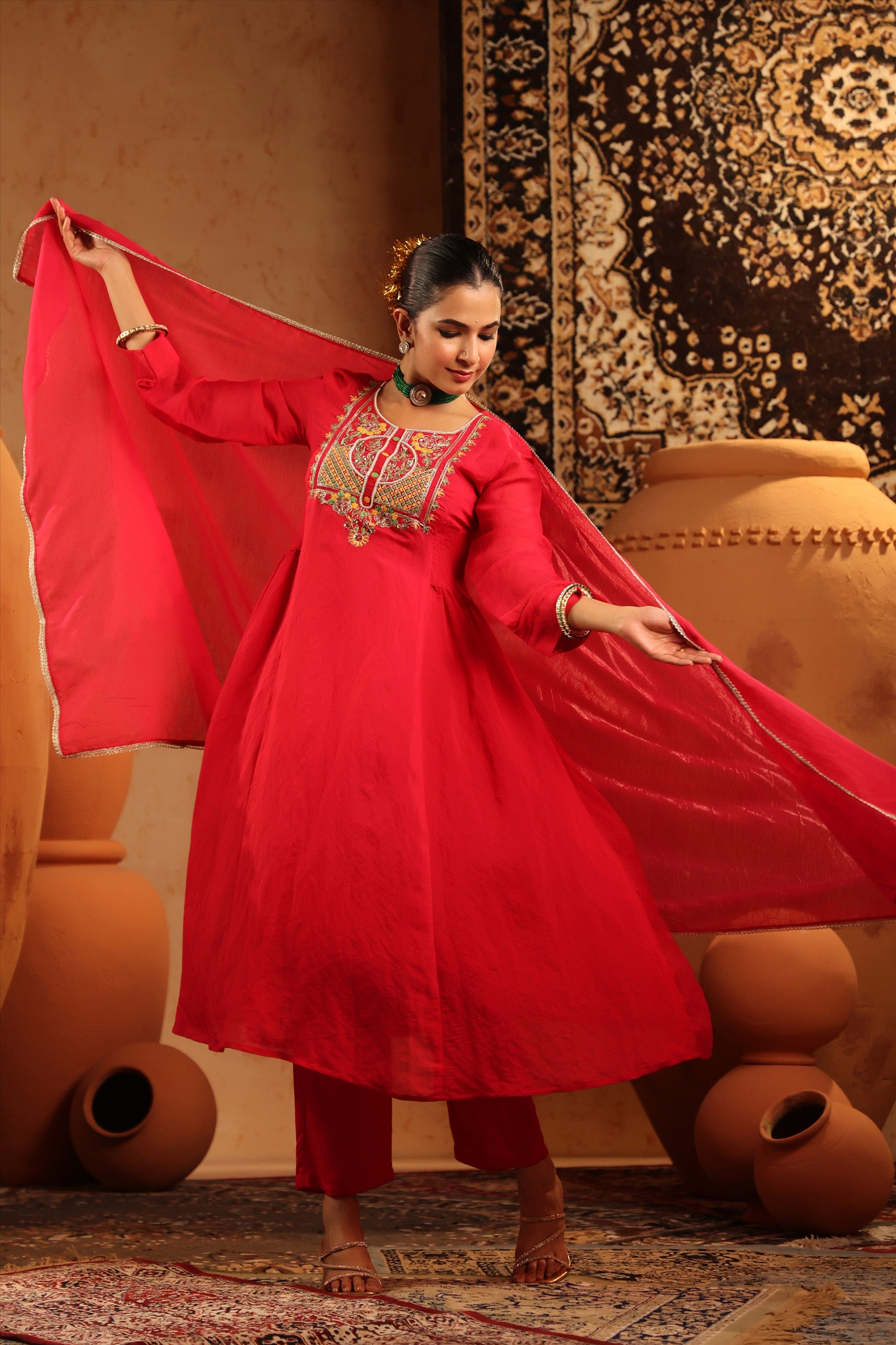 Red Mul Chanderi Hand Embroidered Anarkali Suit Set