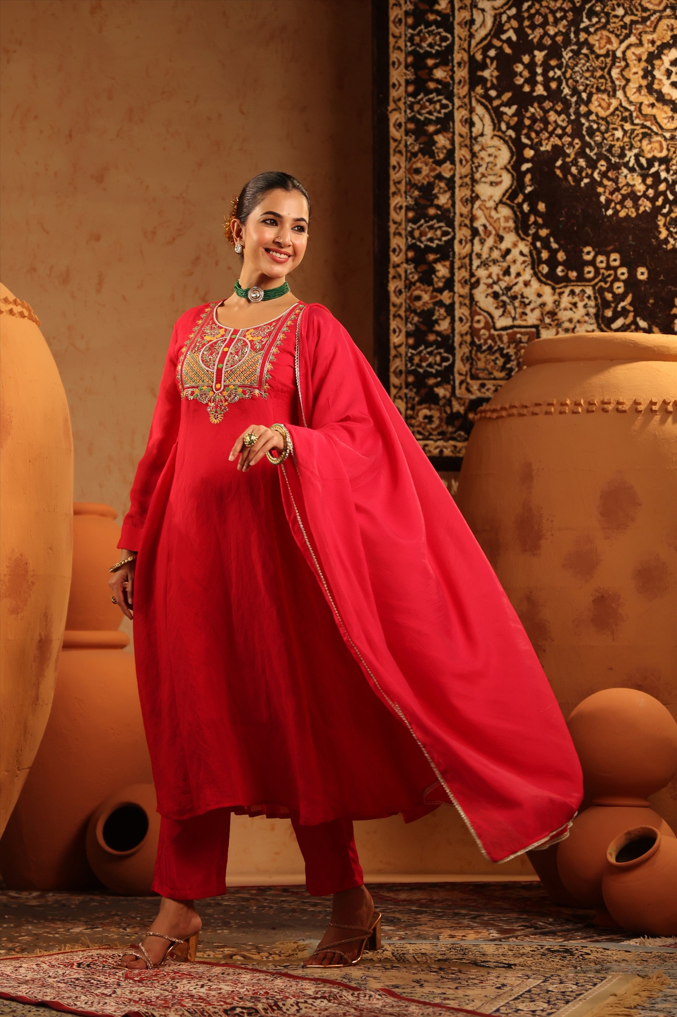 Red Mul Chanderi Hand Embroidered Anarkali Suit Set