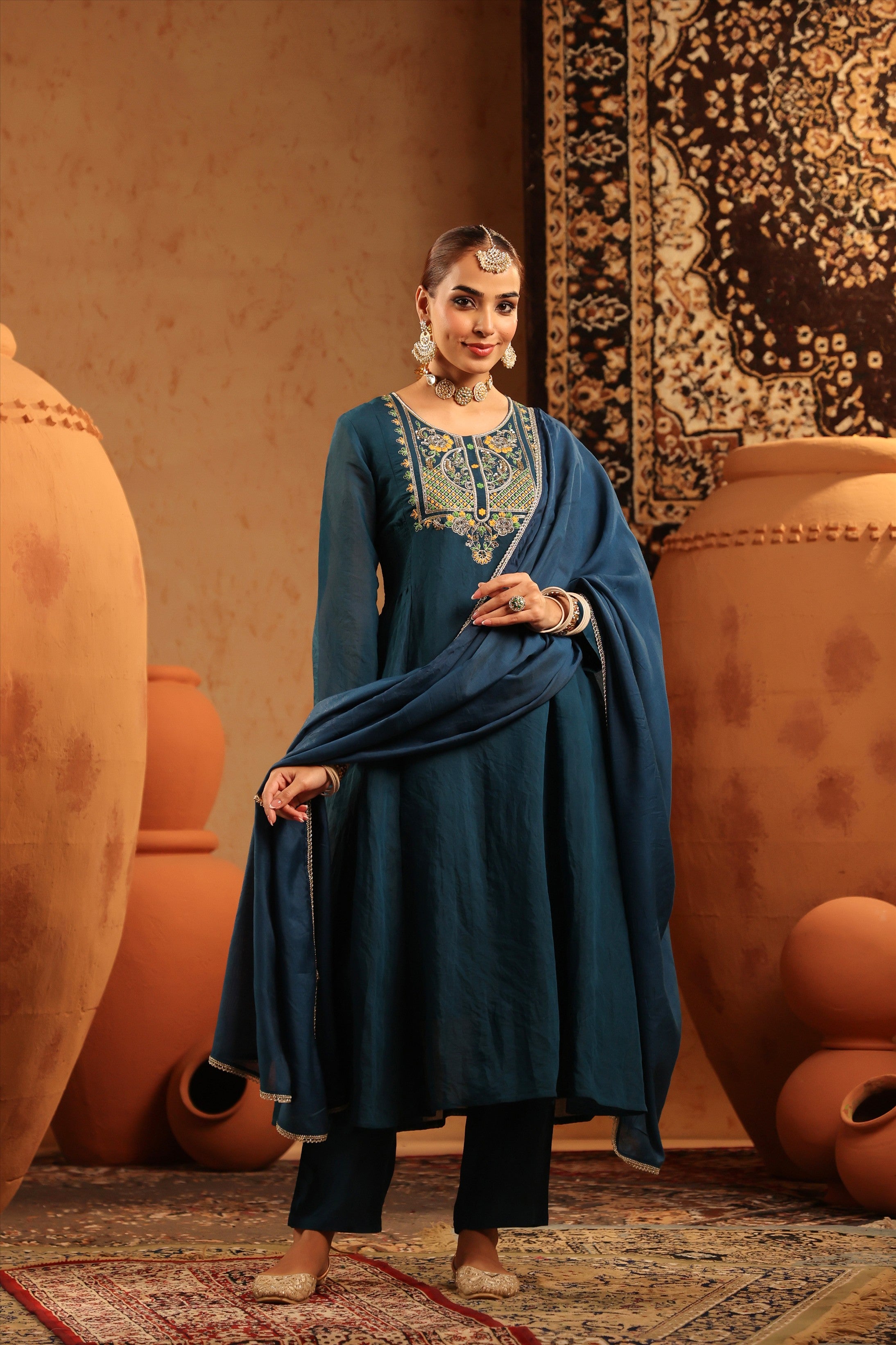 Teal Mul Chanderi Hand Embroidered Anarkali Suit Set