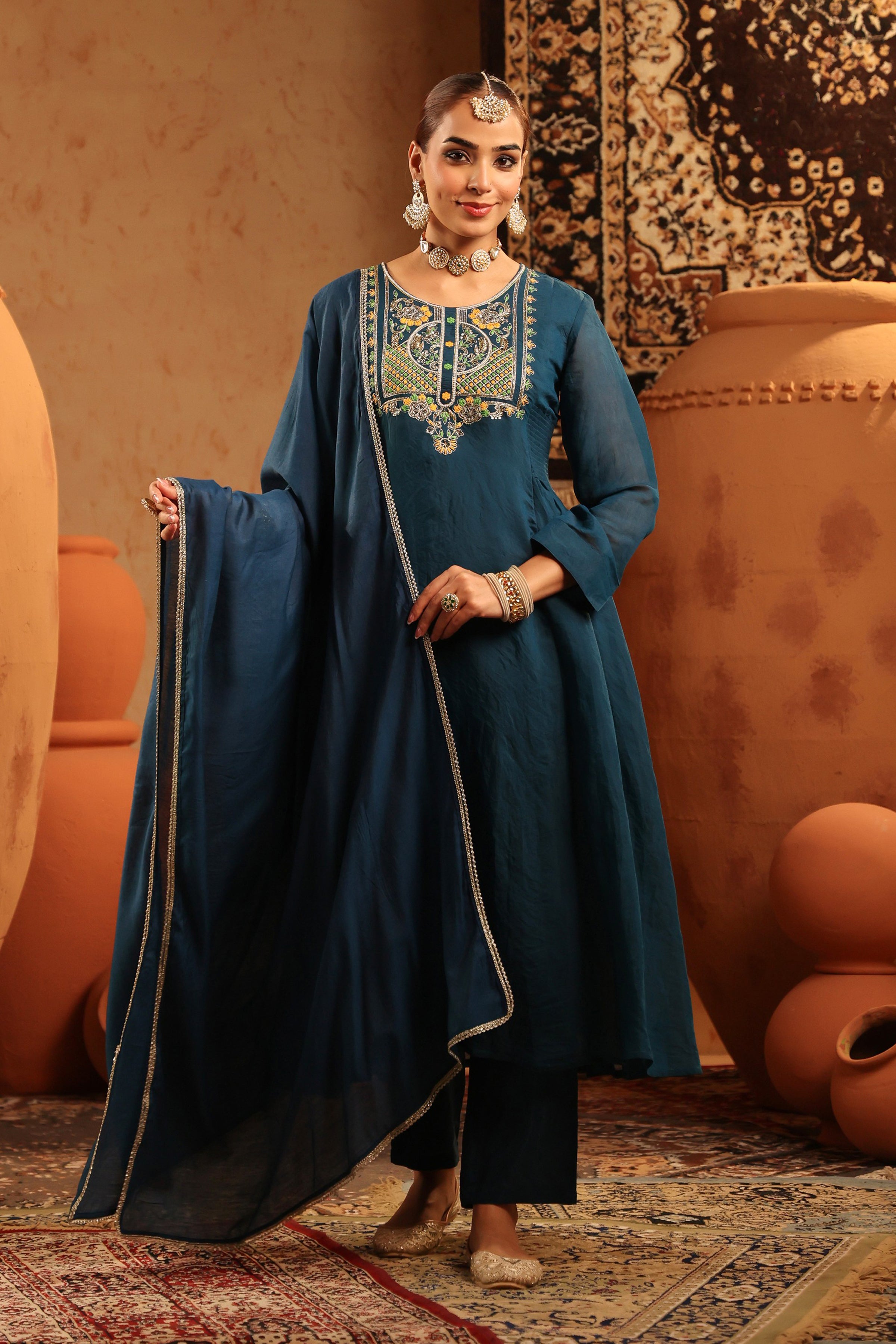 Teal Mul Chanderi Hand Embroidered Anarkali Suit Set