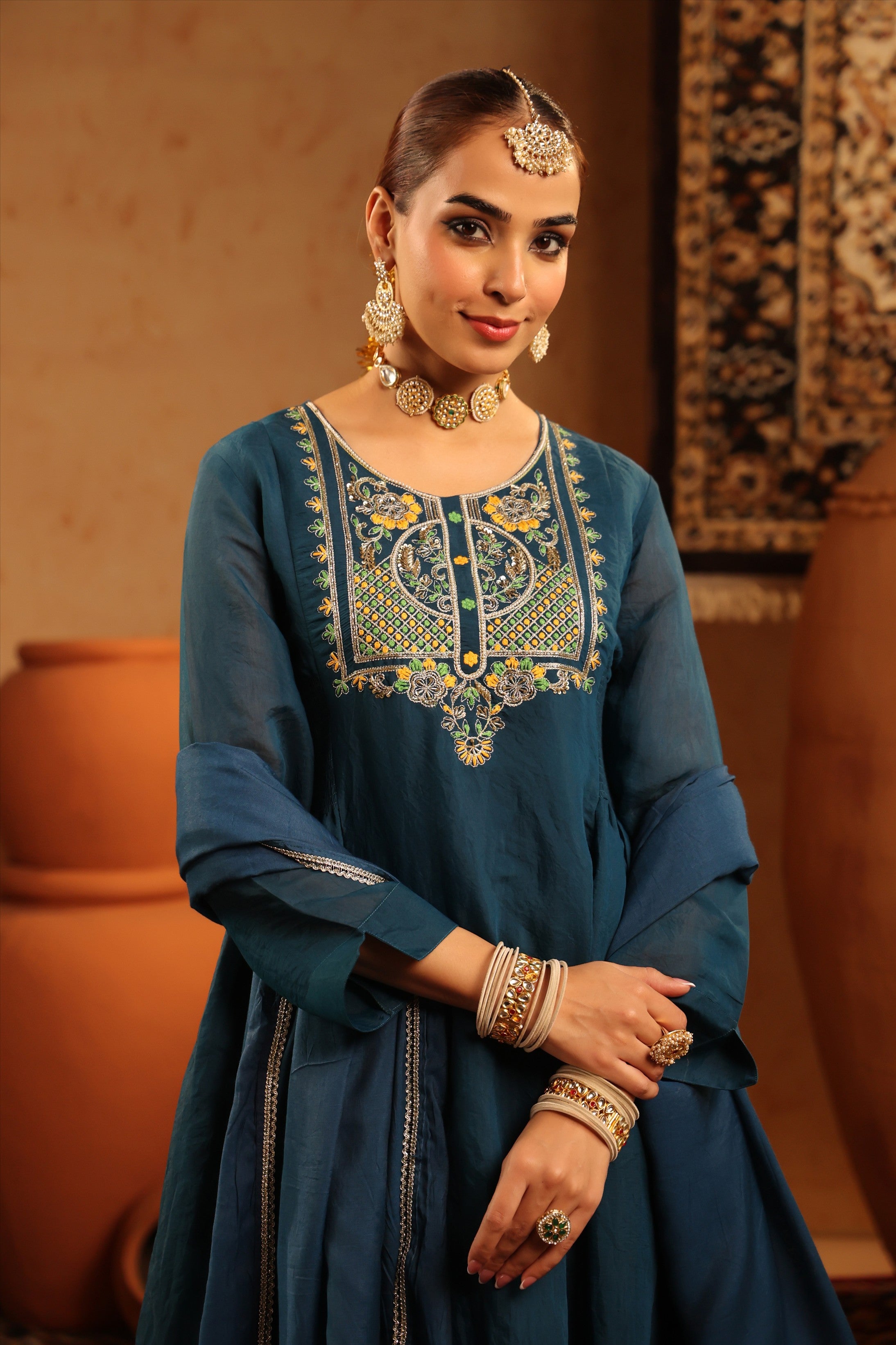 Teal Mul Chanderi Hand Embroidered Anarkali Suit Set