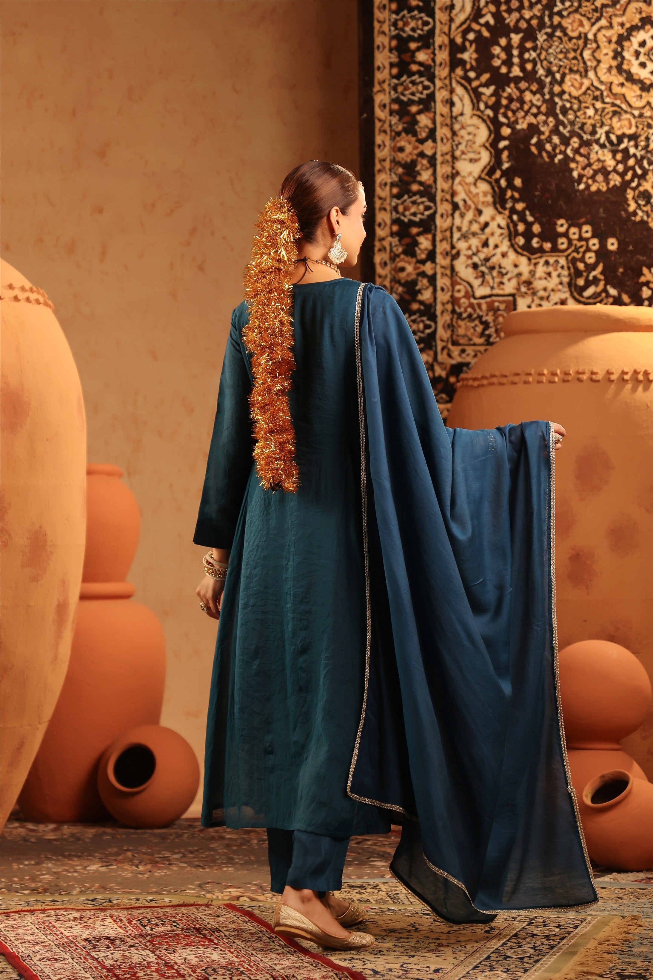 Teal Mul Chanderi Hand Embroidered Anarkali Suit Set