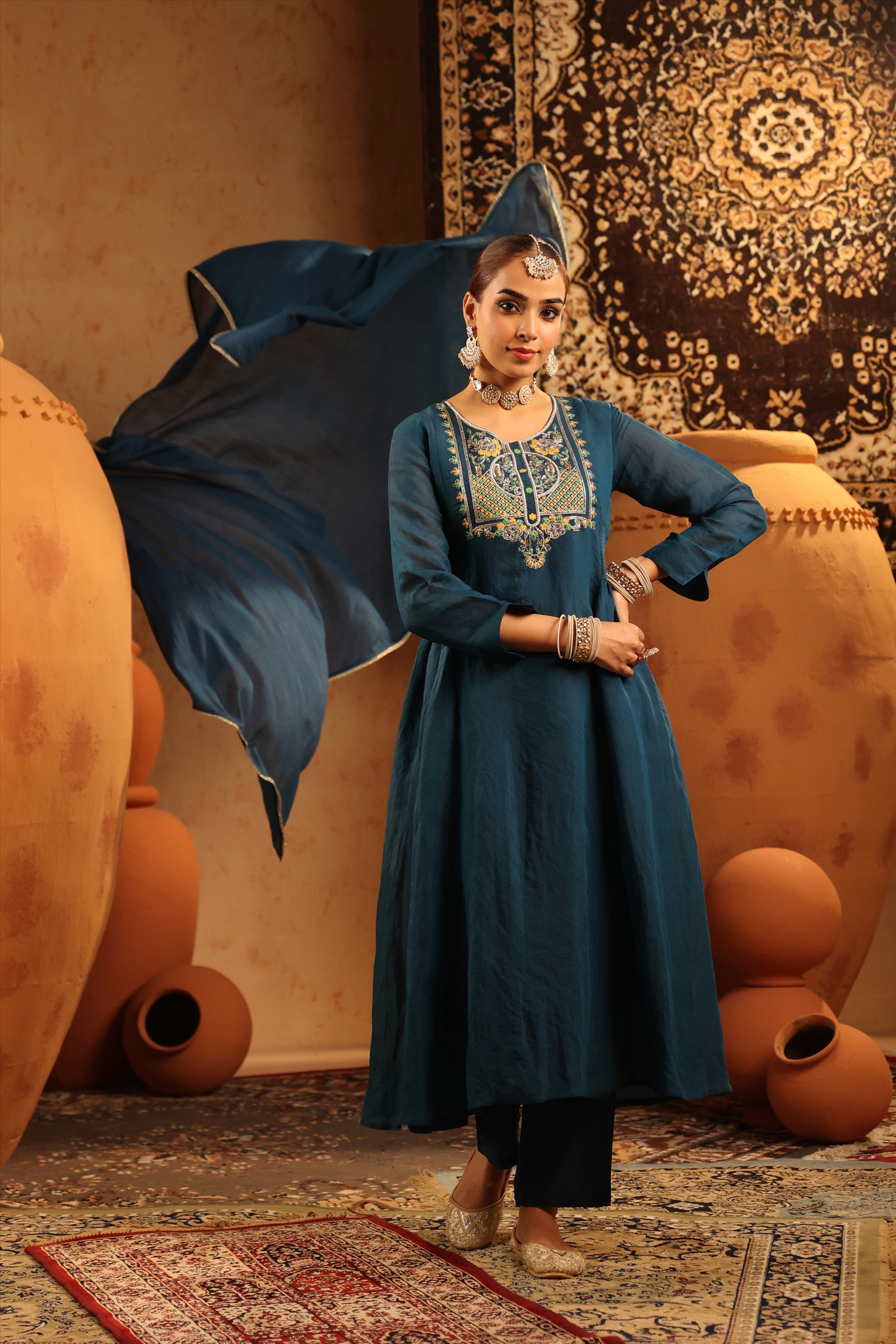 Teal Mul Chanderi Hand Embroidered Anarkali Suit Set
