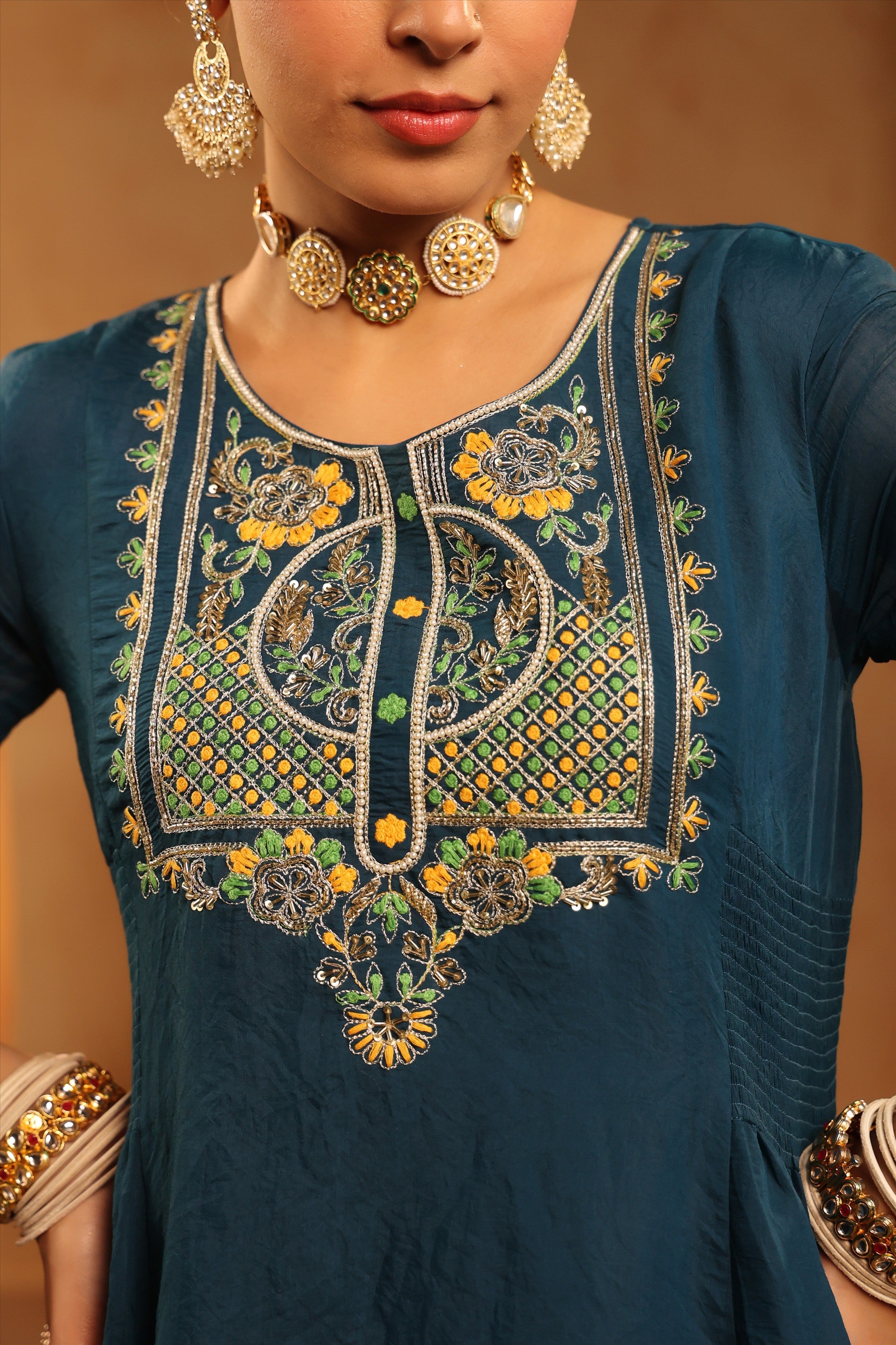 Teal Mul Chanderi Hand Embroidered Anarkali Suit Set
