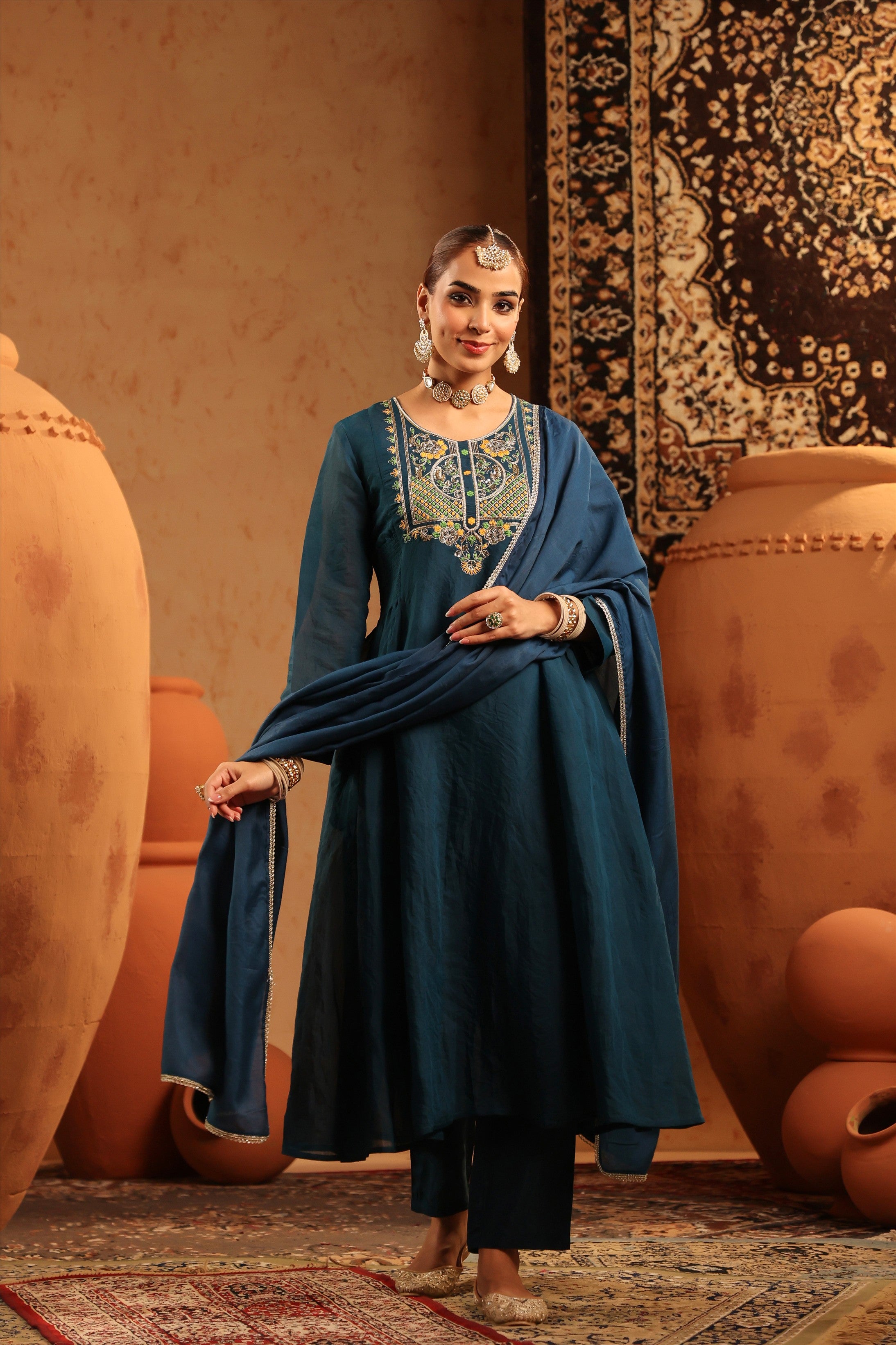 Teal Mul Chanderi Hand Embroidered Anarkali Suit Set