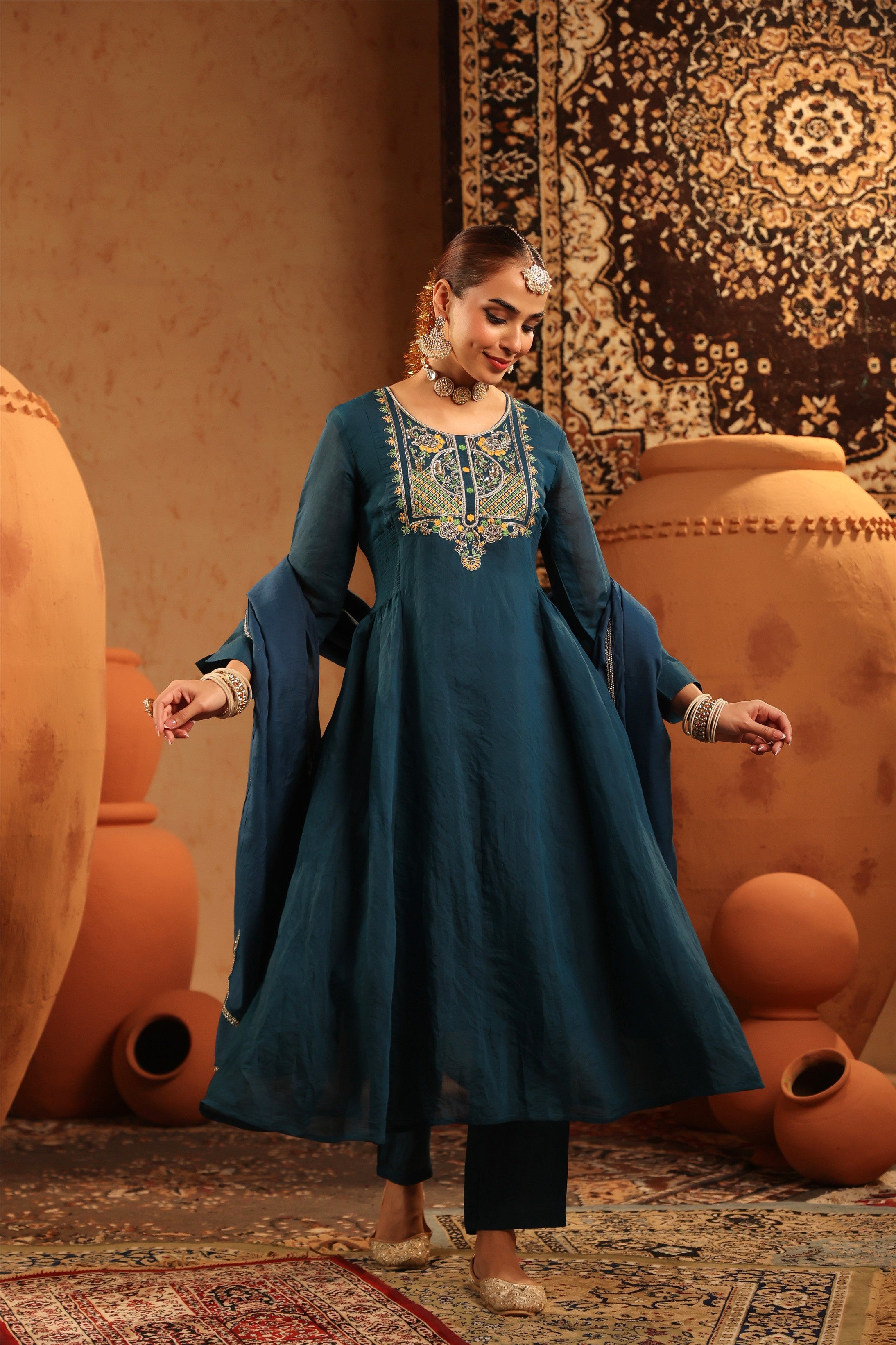 Teal Mul Chanderi Hand Embroidered Anarkali Suit Set