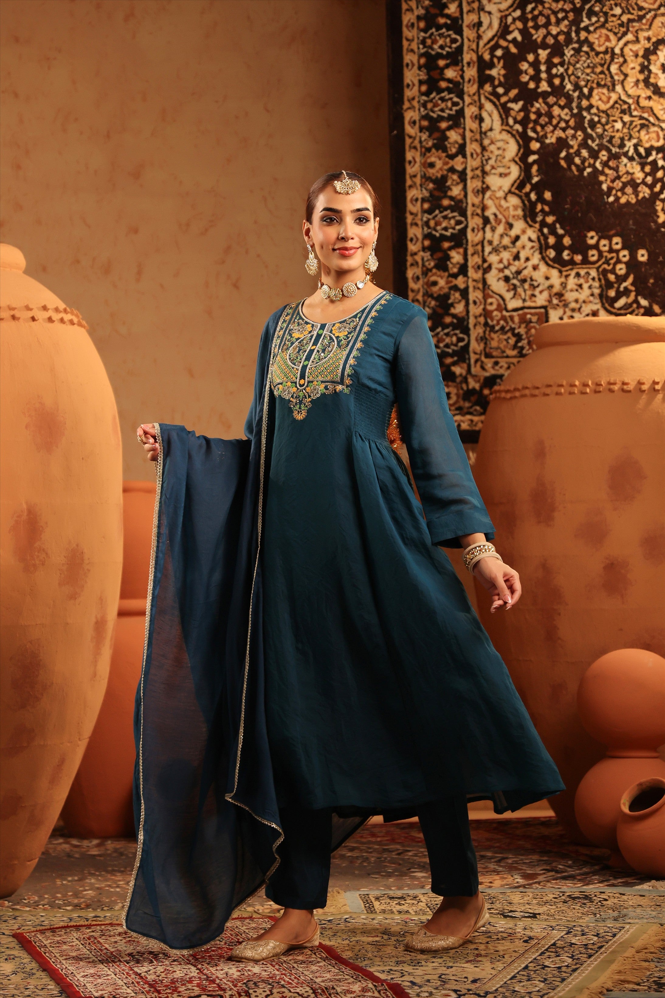 Teal Mul Chanderi Hand Embroidered Anarkali Suit Set