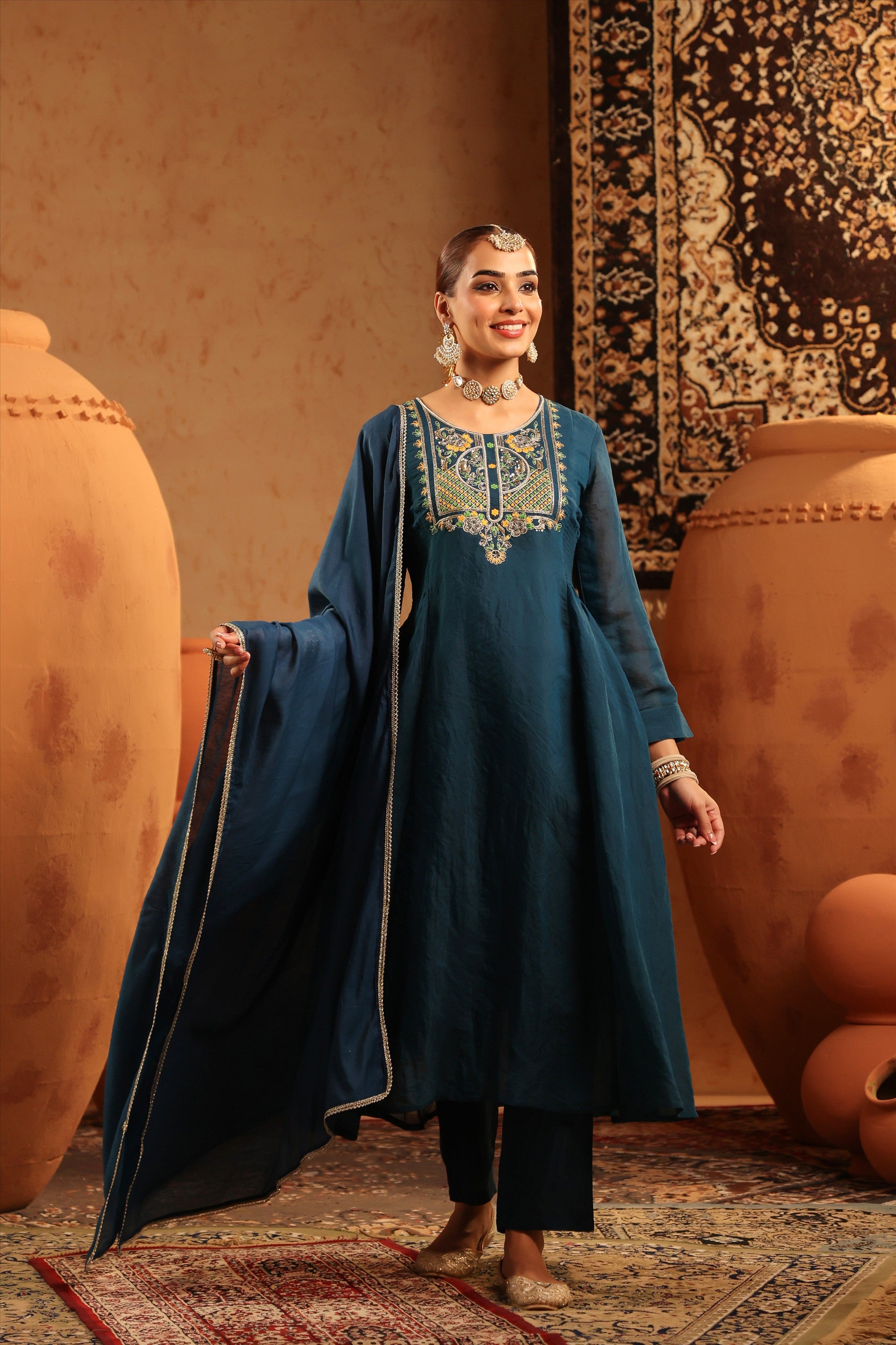 Teal Mul Chanderi Hand Embroidered Anarkali Suit Set