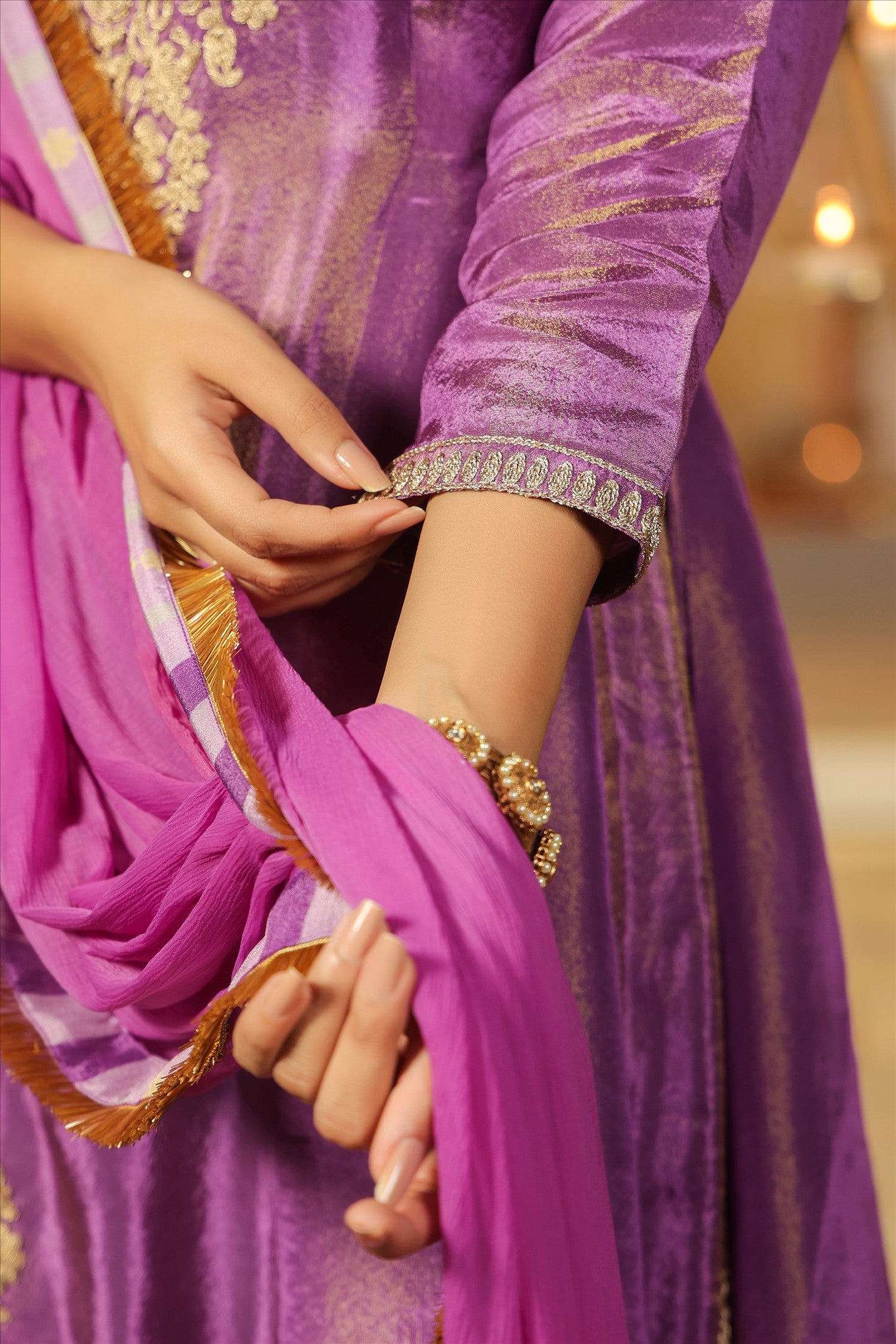 Purple Shimmer Tissue Silk Embroidered Anarkali Suit Set